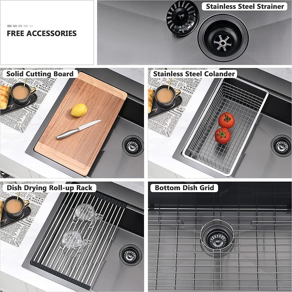 33 Inch Black Drop In Kitchen Sink Workstation-VASOYO 33x22 Kitchen Sink Drop In Black Stainless Steel Top Mount 16 Gauge Deep Single Bowl Overmount Sinks with Cutting Board