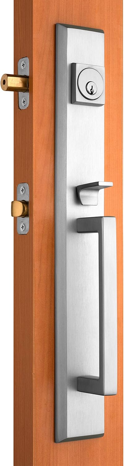 Rockwell Security Premium Lumina Delta Lever Entry Door Handle Set Brushed Nickel Finish Fits 5-1/2 Inch Double Bore Doors with Adjustable Bottom Screw Hole