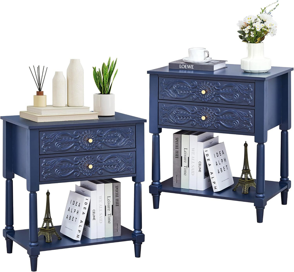 Nightstand, Farmhouse Bedside Table with 2 Drawers and Open Shelf, Wood Sofa Side Table End Table Accent Dresser for Bedroom, Living Room (with Shelf, Blue)