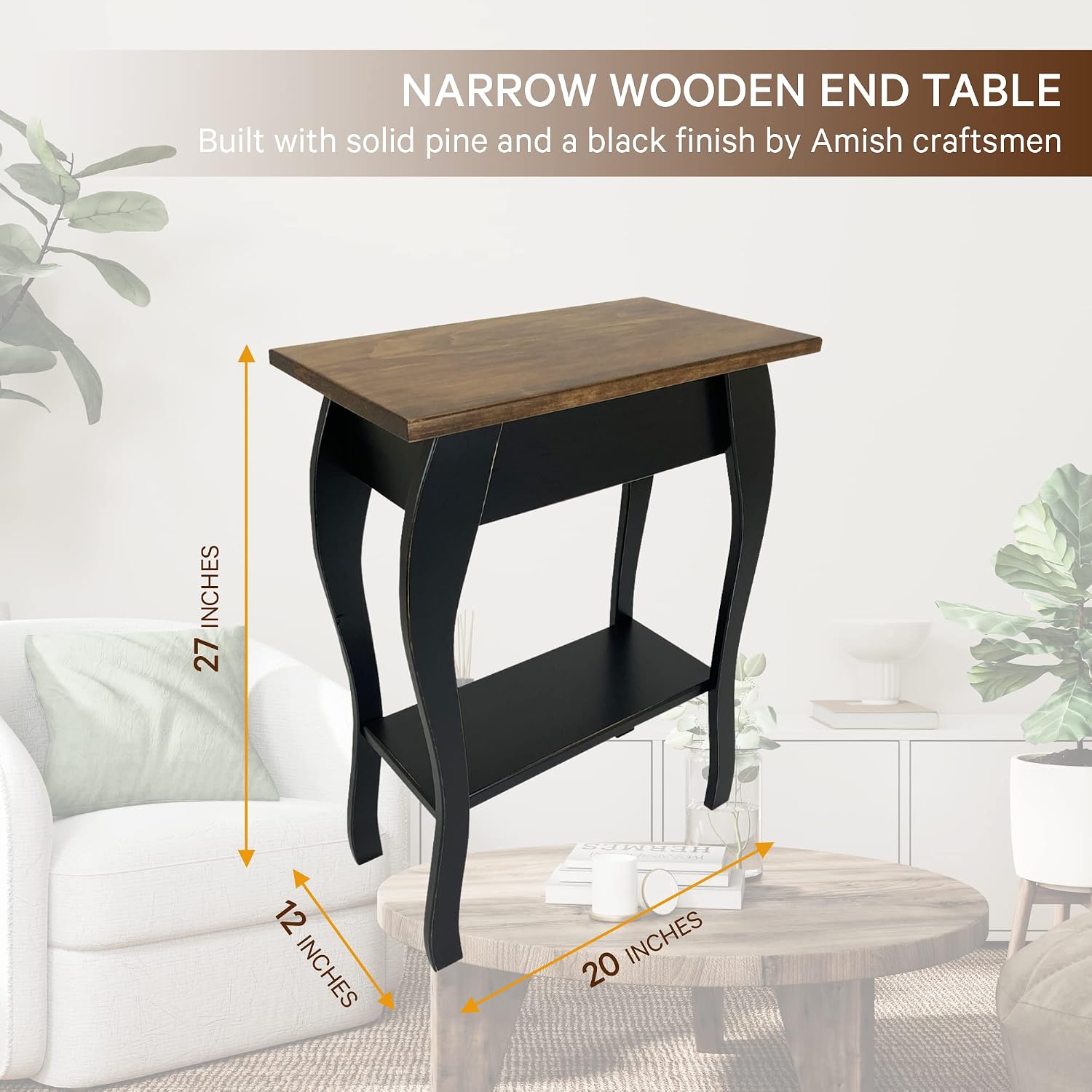 Peaceful Classics Wooden End Table- Amish Handmade Slim Side Table for Living Room, Bedroom, Entry Way, & Hallway, Thin Narrow End Table with 2-Tiered Shelves for Display & Storage, Black