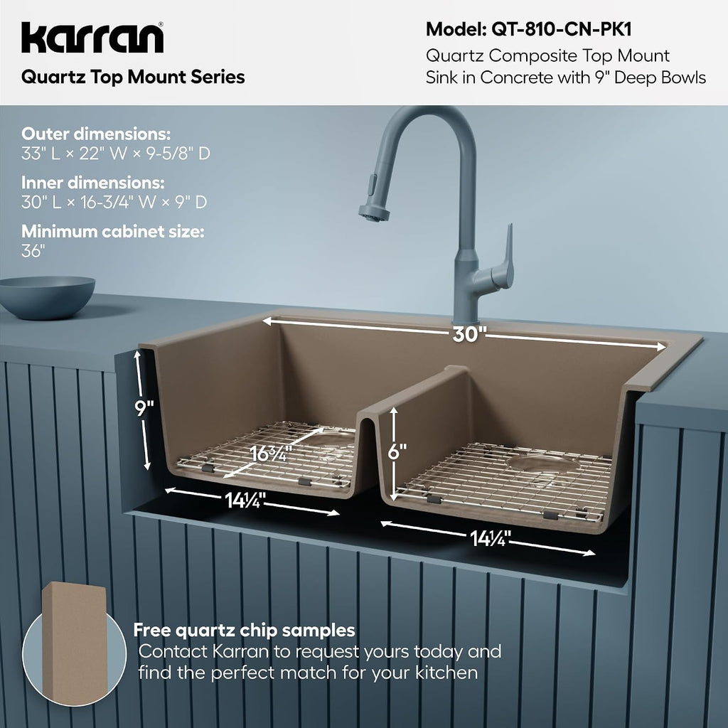 Karran QT-810 33' Top Mount Double Equal Bowl Quartz Kitchen Sink Kit in Concrete