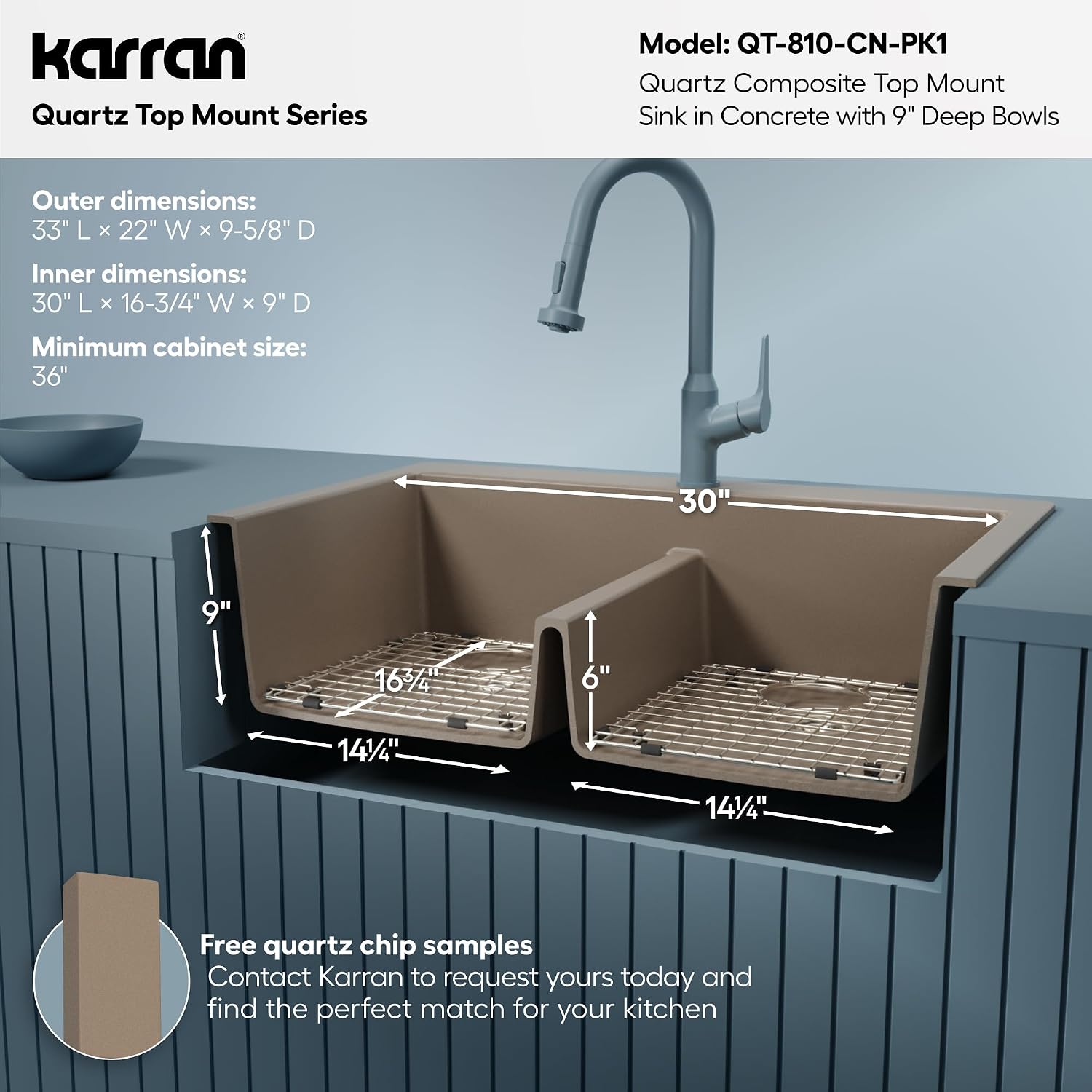Karran QT-810 33' Top Mount Double Equal Bowl Quartz Kitchen Sink Kit in Concrete