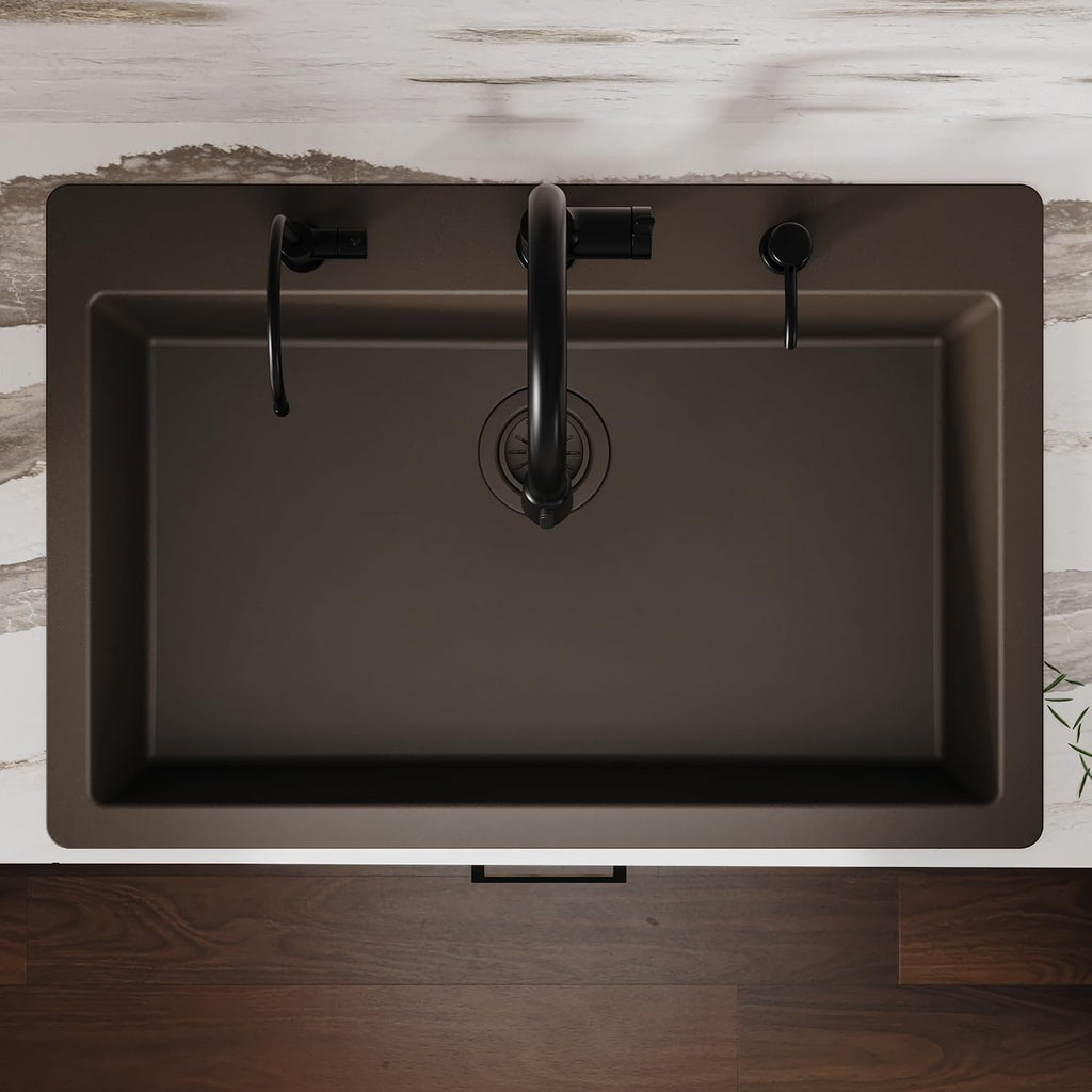 Karran 33' Drop-In Top Mount Quartz Composite Single Bowl Kitchen Sink in Brown – Extra Deep 9' Basin, Heat Resistant, Sound Dampening, Easy Clean Surface
