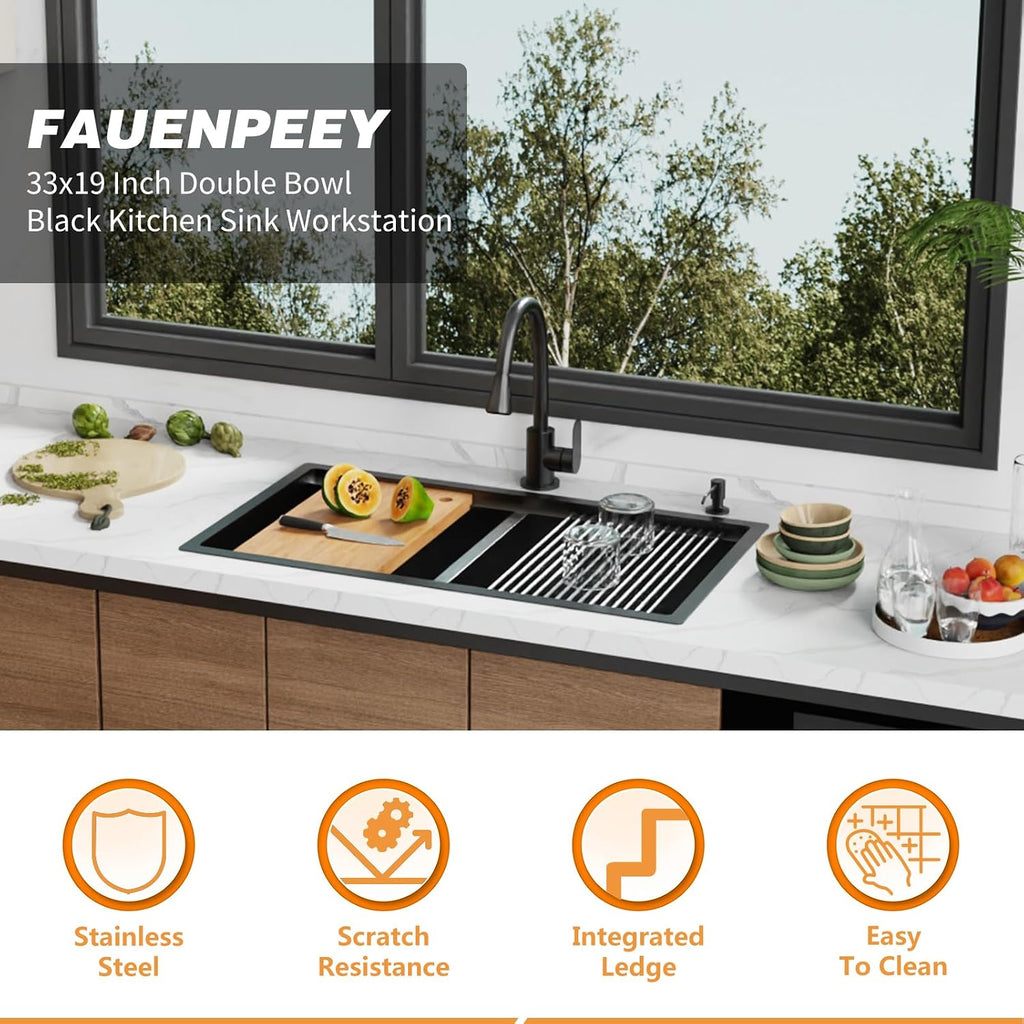 Black 33'x19' Kitchen Sink Workstation - 50/50 Double Bowl Stainless Steel Undermount Kitchen Sink Built-in Ledge Drop In Workstation Sink For Placing/Sliding Accessories-Cutting Board,Drying Rack