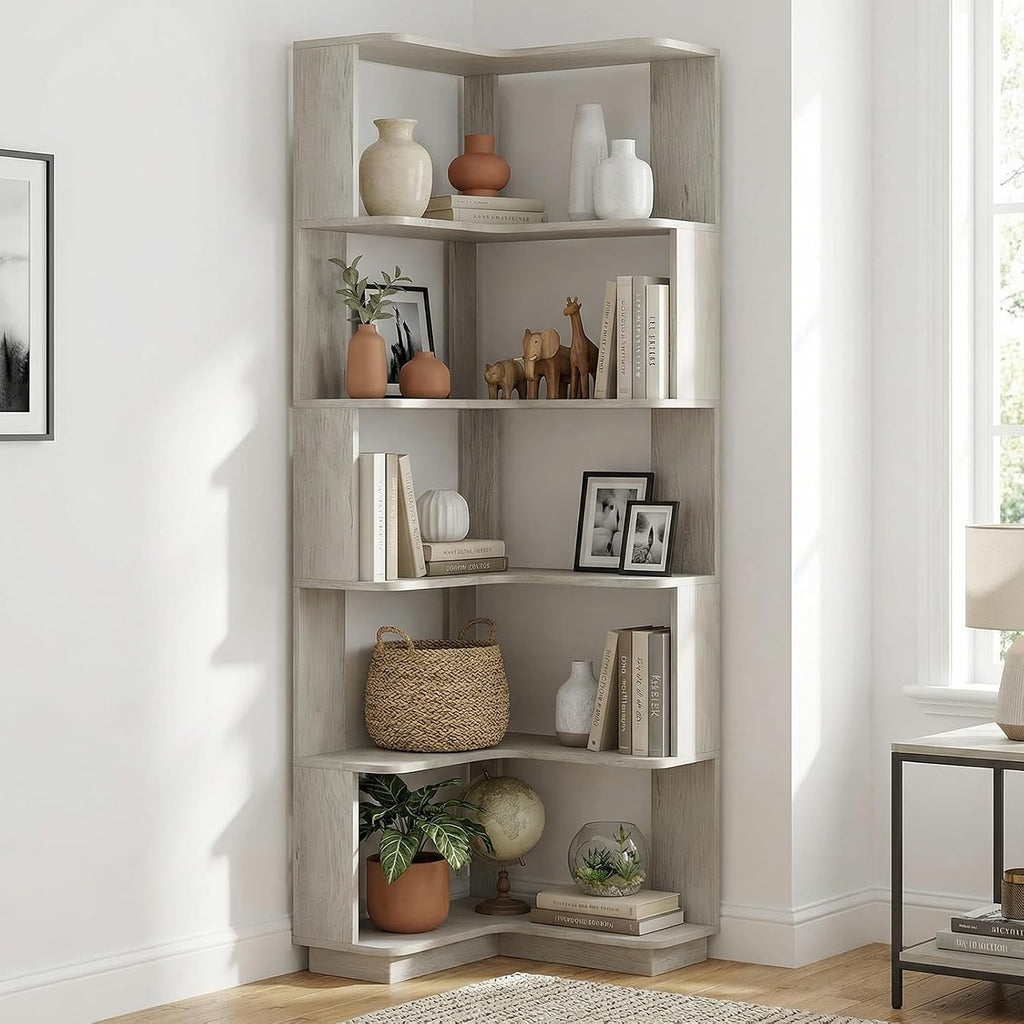 5 Tier Corner Bookshelf, Freestanding L-Shaped Wooden Bookcase with Open Shelves, Anti-Fall Panels and Anti-Tipping Device for Living Room, Bedroom, Home Office (Light Gray)