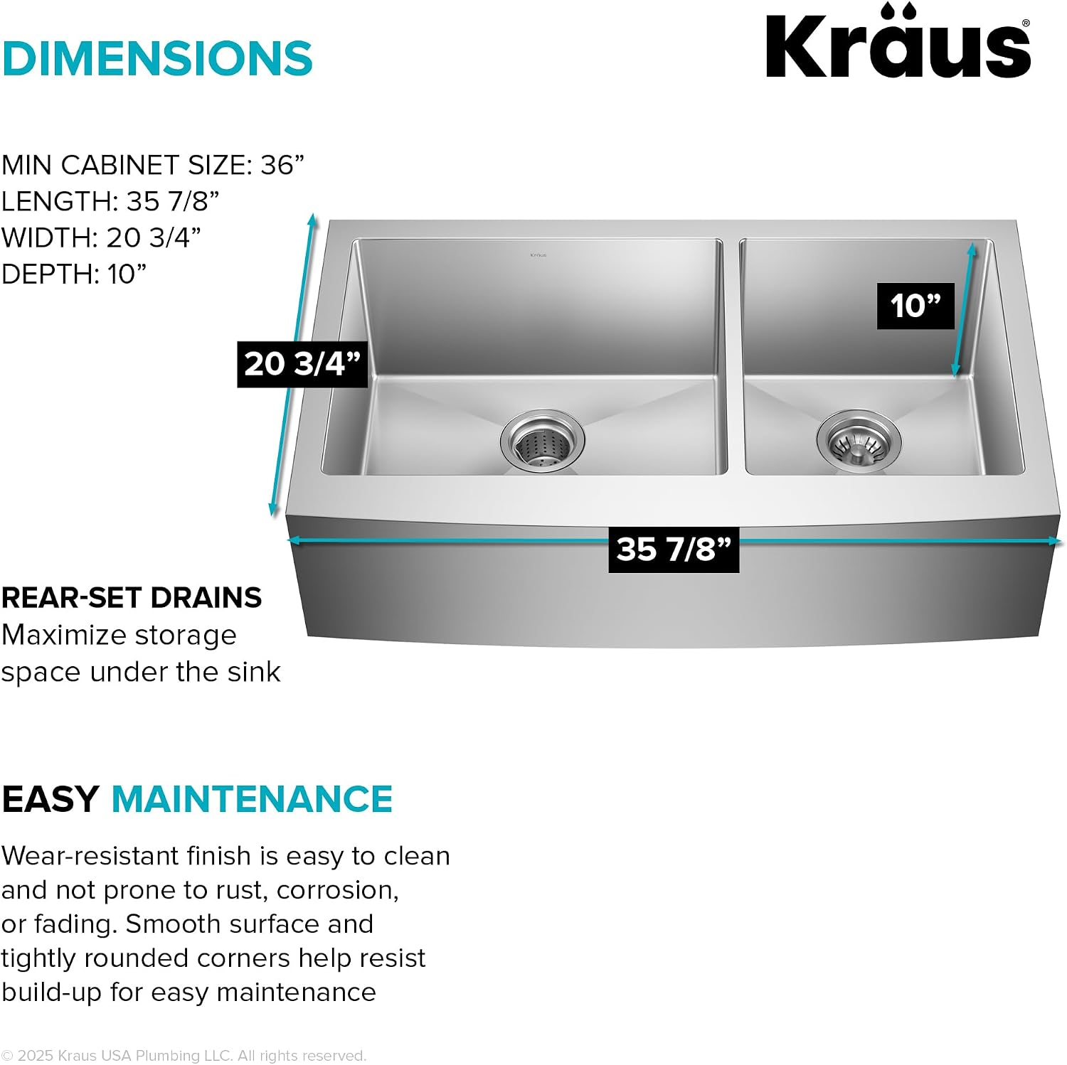 Kraus KHF203-36 Standart PRO Kitchen Stainless Steel Sink, 36 Inch Round Apron 60/40 Double Bowl