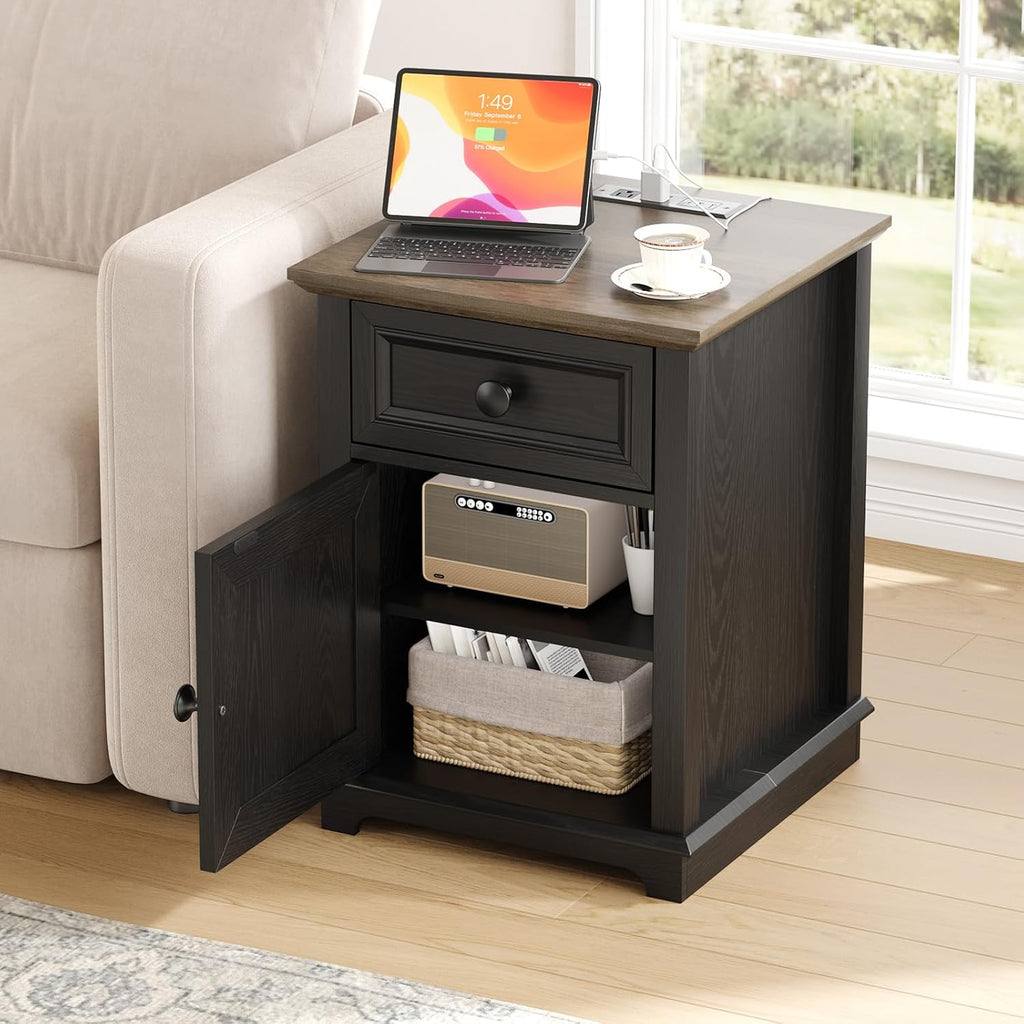 REDAYFUR End Table with Charging Station, Fast Charge, End Table with Drawer, Big Storage Side Table for Living Room/Bedroom, Black