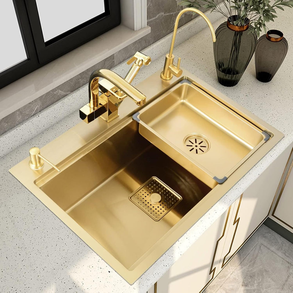 Kitchen Sink Gold, Single Bowl Kitchen Sinks Drop in 304 Stainless Steel Kitchen Sink with Tap, Soap Dispenser and Water Filter,with Mounting Accessories,80(