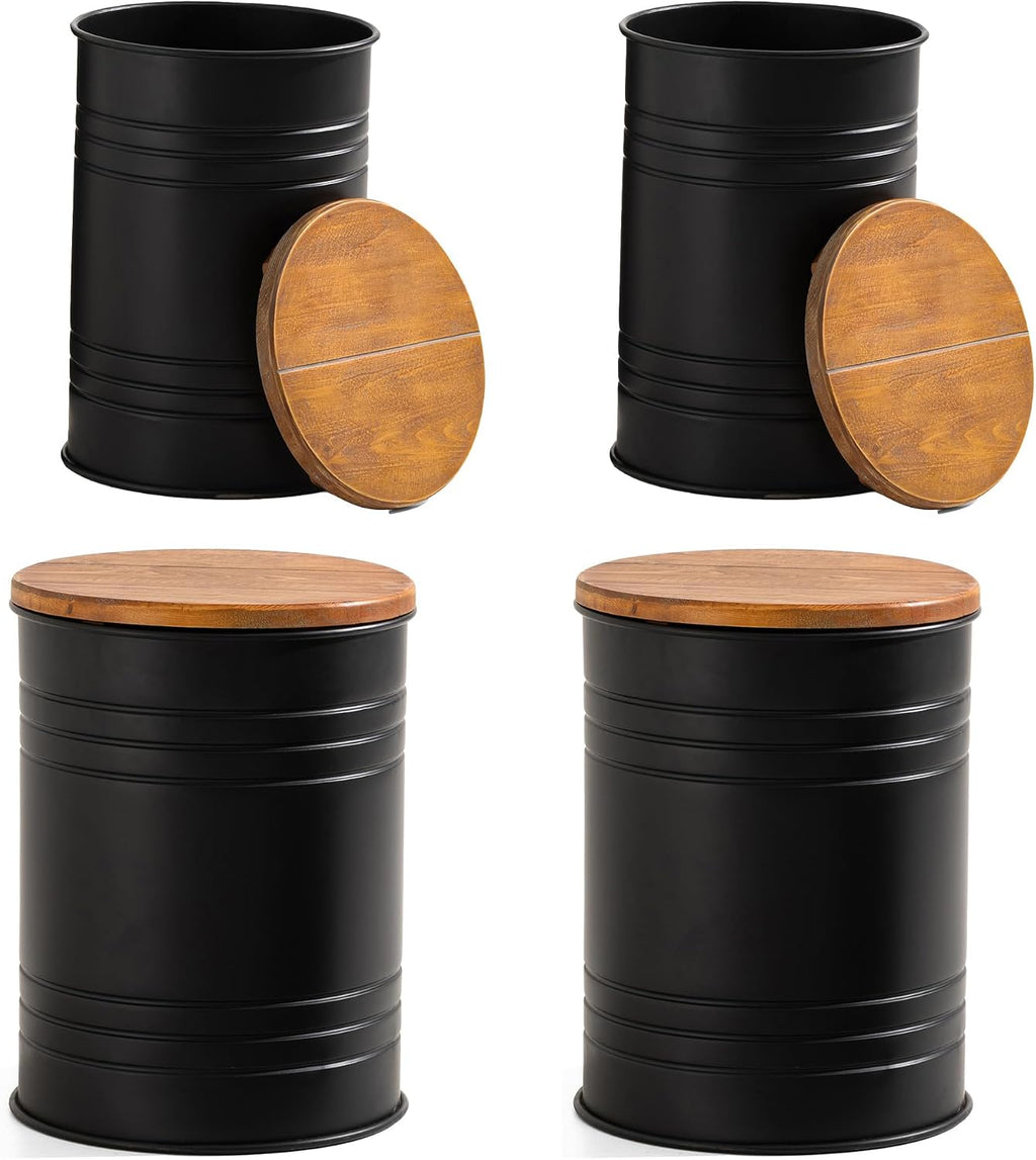 Glitzhome 4-Piece Galvanized Side Table Set, Metal Farmhouse Barrel Toy Box Bins with Round Wood Lid, Rustic Ottoman Seat Stool with Large Storage Space, for Living Room, Bedroom,Black