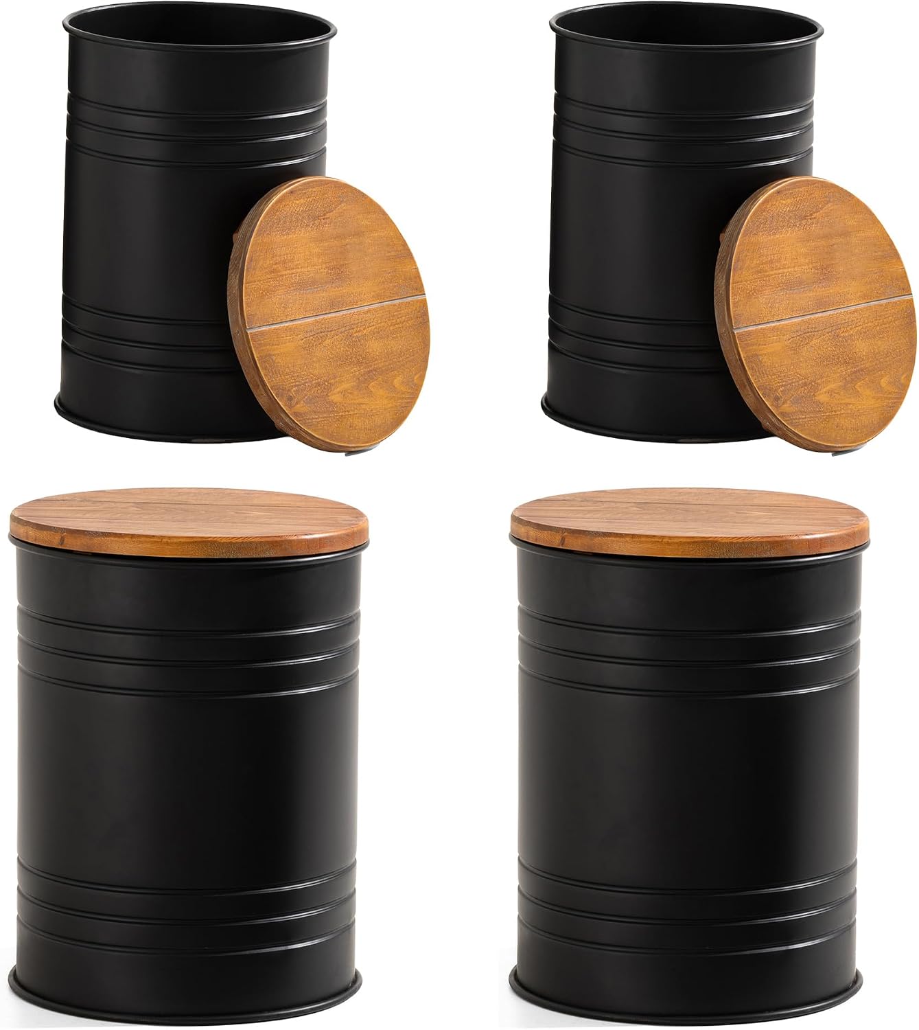 Glitzhome 4-Piece Galvanized Side Table Set, Metal Farmhouse Barrel Toy Box Bins with Round Wood Lid, Rustic Ottoman Seat Stool with Large Storage Space, for Living Room, Bedroom,Black