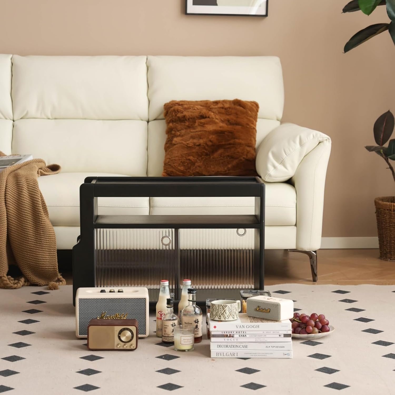 Solid Wood Side Table with Wheels, Narrow Side Table with Storage, Rolling Bedside Table for Bedroom Living Room Dining Room(Black, 27.95' D x 11.42' W x 19.88' H)