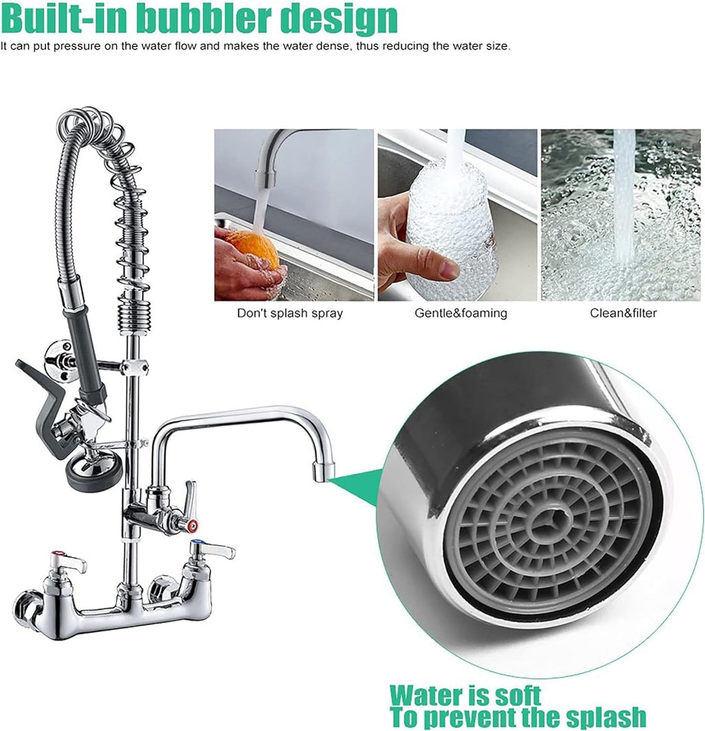 Commercial Wall Mount Kitchen Sink Faucet Brass Constructed Polished Chrome Pre-Rinse Device 25' Height 8' Center with Spring Pull Down Sprayer and 12' Add-on Spout (25 inches)