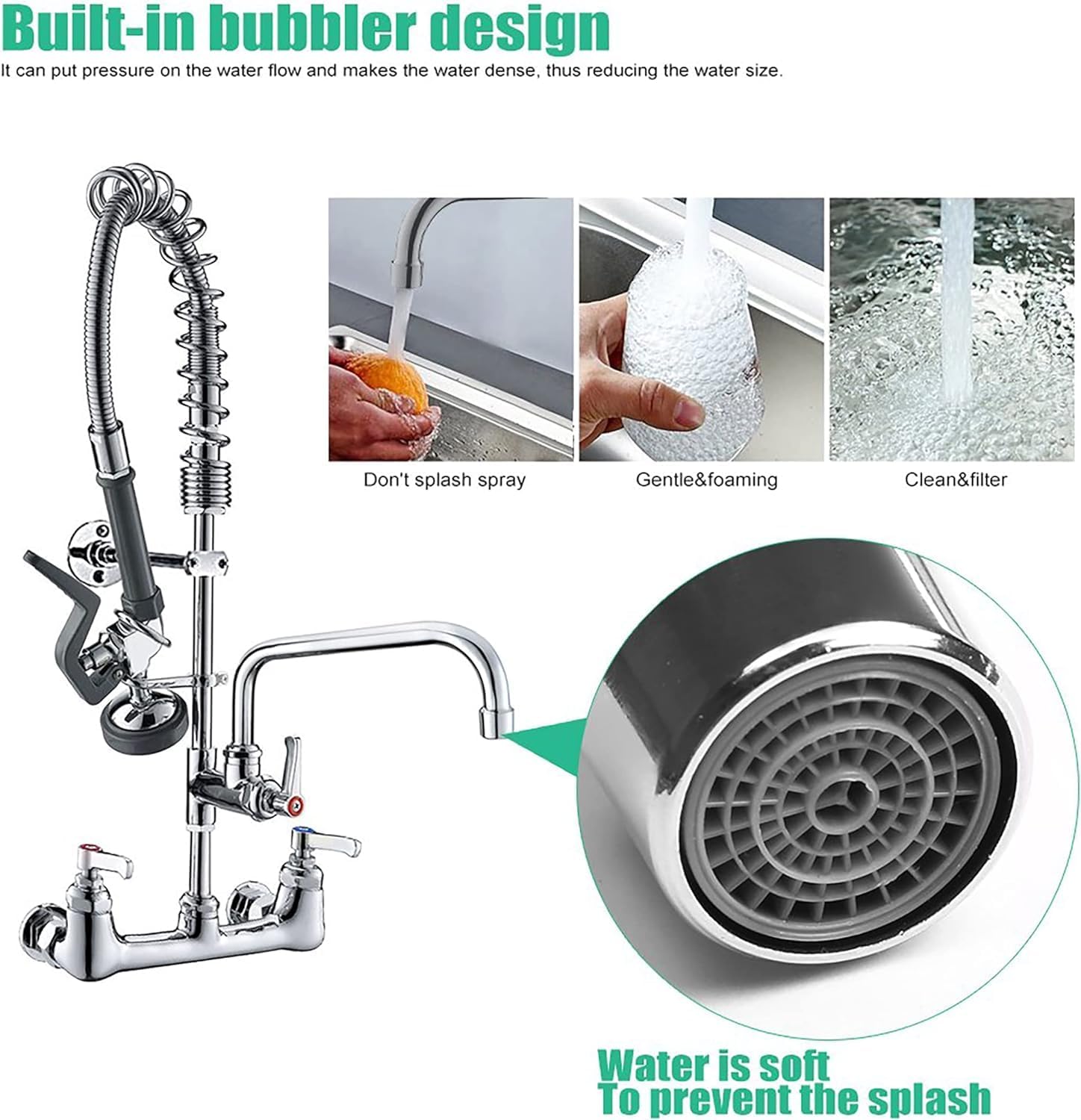 Commercial Wall Mount Kitchen Sink Faucet Brass Constructed Polished Chrome Pre-Rinse Device 25' Height 8' Center with Spring Pull Down Sprayer and 12' Add-on Spout (25 inches)