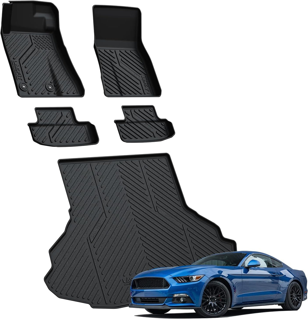 LASFIT Floor Mats and Cargo Mat for Ford Mustang 2024 2025 2026 (NOT fit w/o Subwoofer Box) All Weather Protector TPE Car Floor Liners, 1st & 2nd Row & Trunk Liner, 5pcs Black