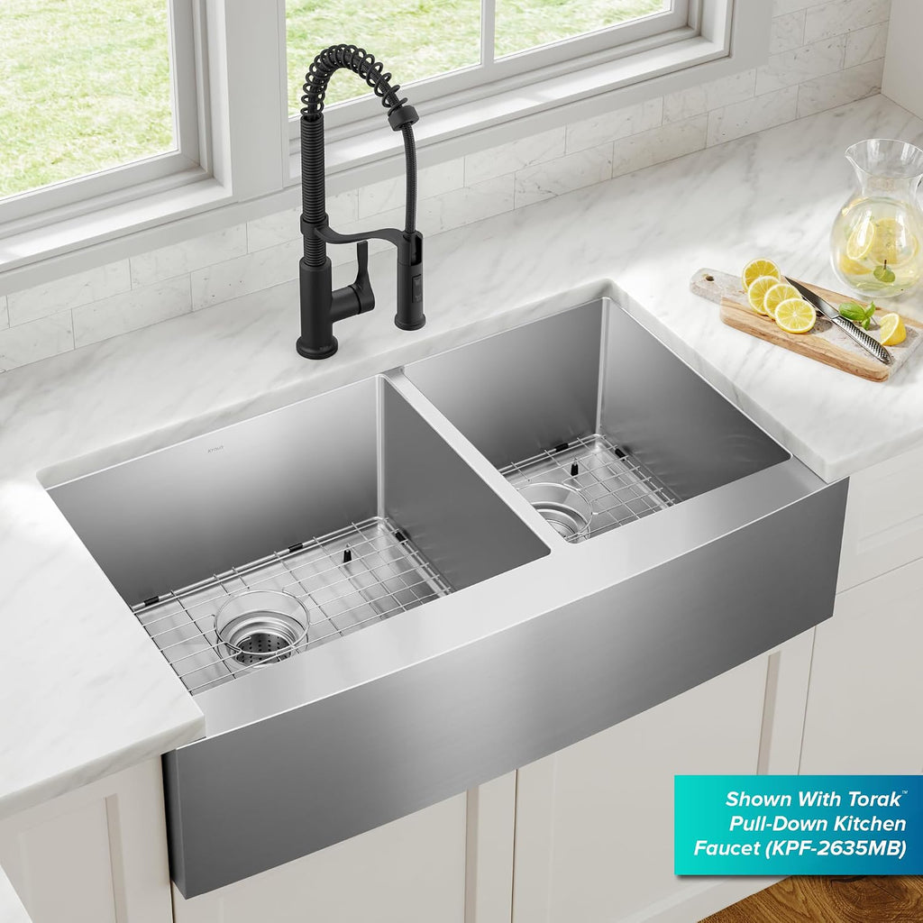 Kraus KHF203-36 Standart PRO Kitchen Stainless Steel Sink, 36 Inch Round Apron 60/40 Double Bowl