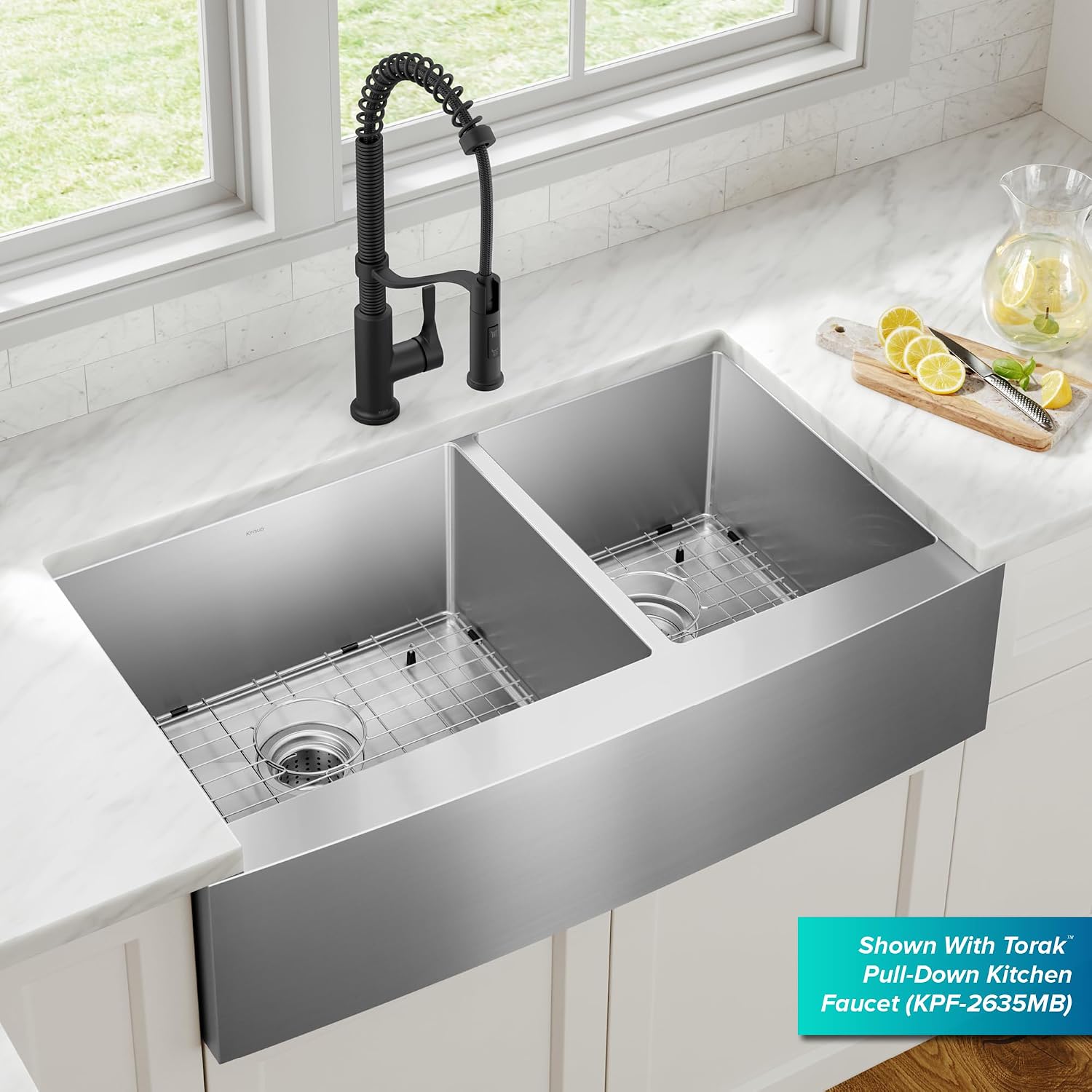 Kraus KHF203-36 Standart PRO Kitchen Stainless Steel Sink, 36 Inch Round Apron 60/40 Double Bowl