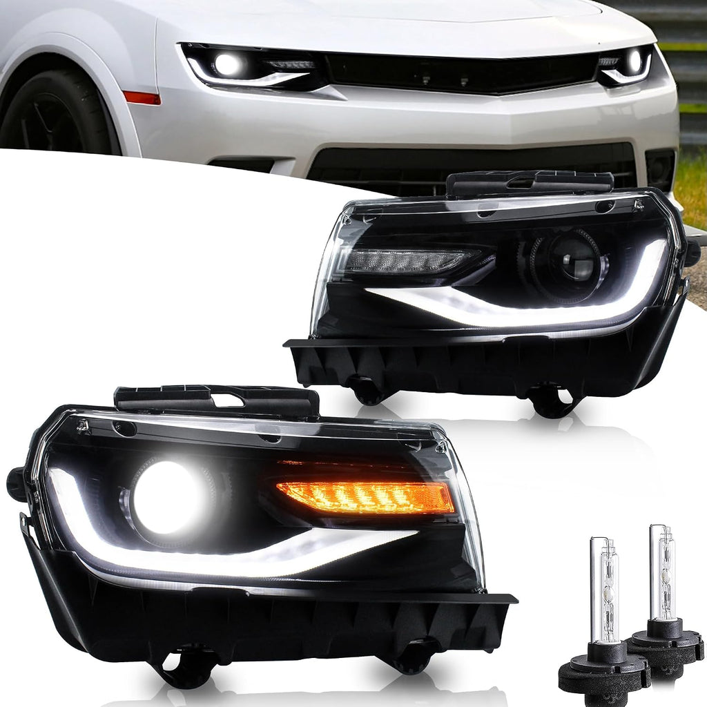 VLAND Headlights compatible with Chevrolet Chevy Camaro 5th Gen LS LT SS ZL1 Z/28 2014-2015, Headlamp Assembly with Sequential Turn Signal, 1 Pair not include bulbs (Regular+D2H Xenon Bulbs)