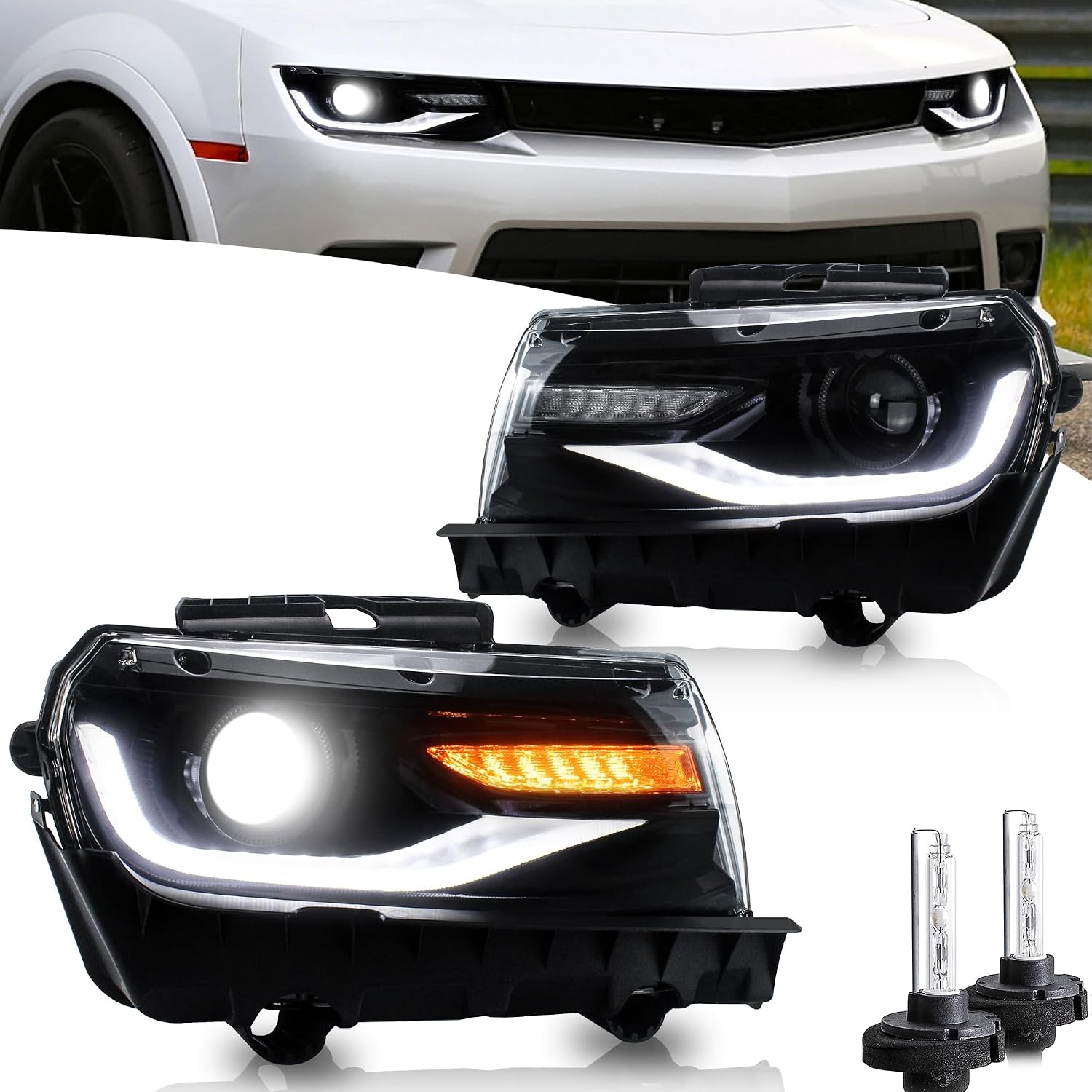 VLAND Headlights compatible with Chevrolet Chevy Camaro 5th Gen LS LT SS ZL1 Z/28 2014-2015, Headlamp Assembly with Sequential Turn Signal, 1 Pair not include bulbs (Regular+D2H Xenon Bulbs)
