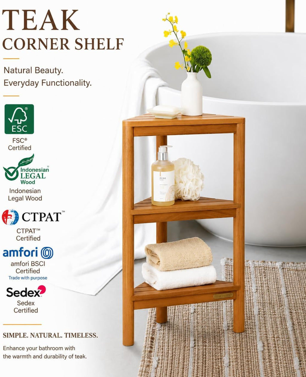 Fully Assembled Teak Corner Bath Shower Storage Stand, Corner Shelves, Shower Caddy 26.5'