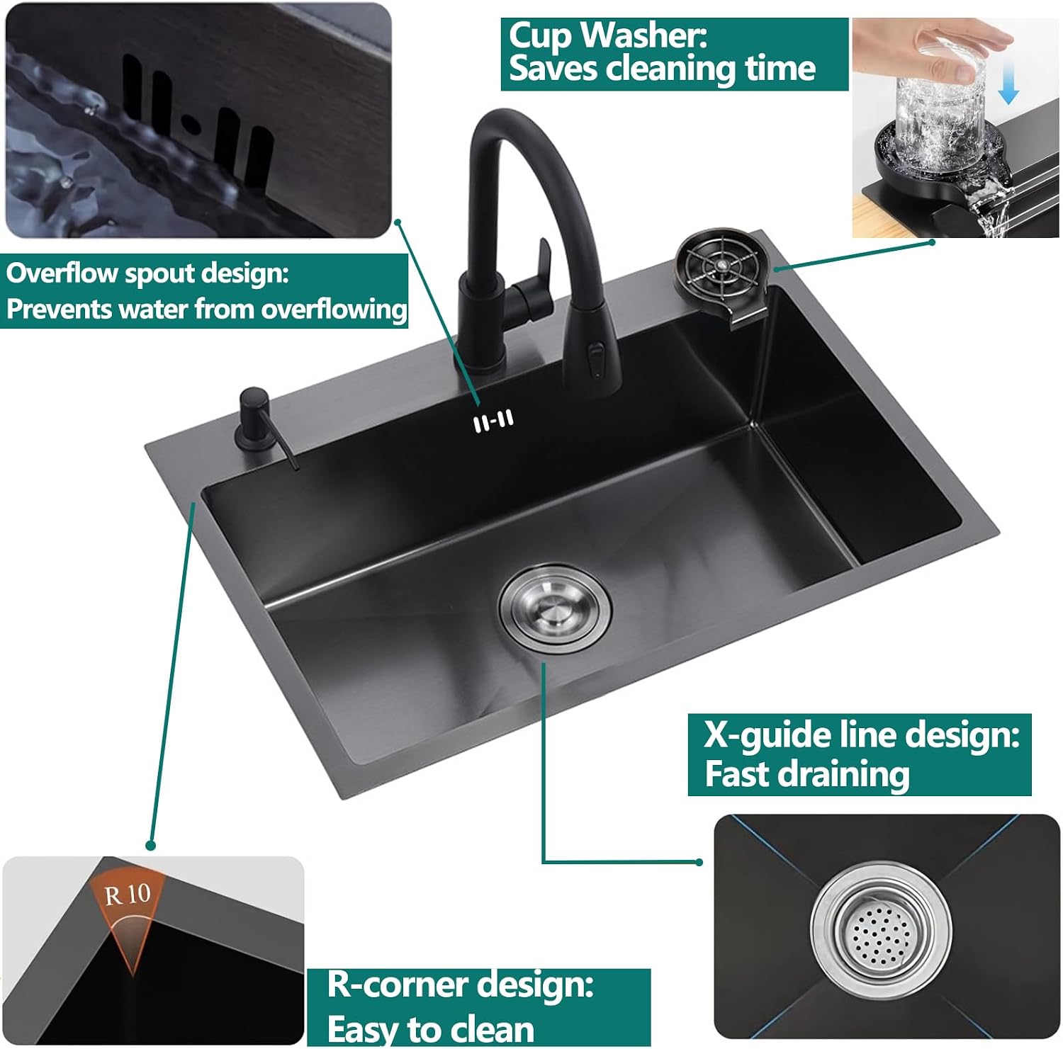 Black Kitchen Sink with Faucet, Top Mount/Drop-In 3 Hole Single Bowl Stainless Steel Sink with Cup Washer, Soap Dispenser, Drainage kit for Bar, Kitchen, Balcony (19.7 * 17.7in)
