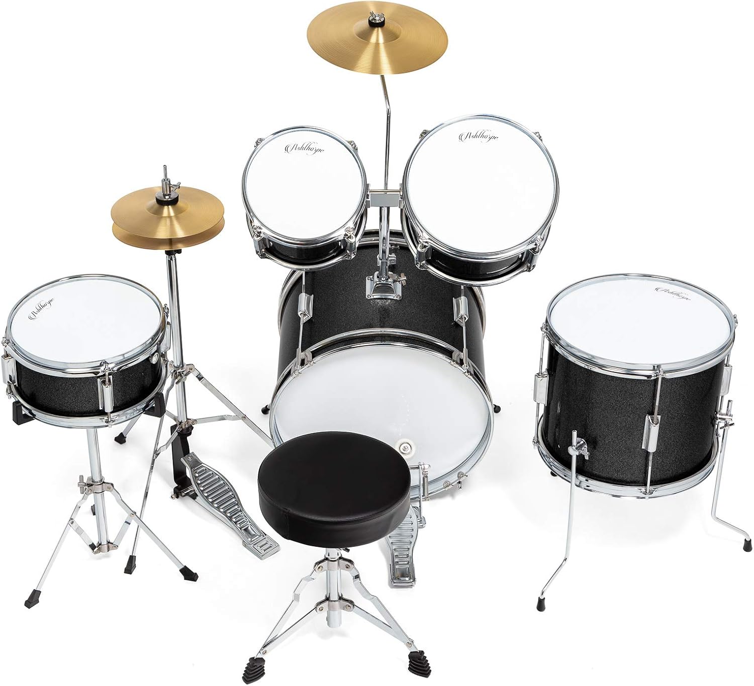 Ashthorpe 5-Piece Complete Junior Drum Set with Genuine Brass Cymbals - Advanced Beginner Kit with 16' Bass, Adjustable Throne, Cymbals, Hi-Hats, Pedals & Drumsticks - Black