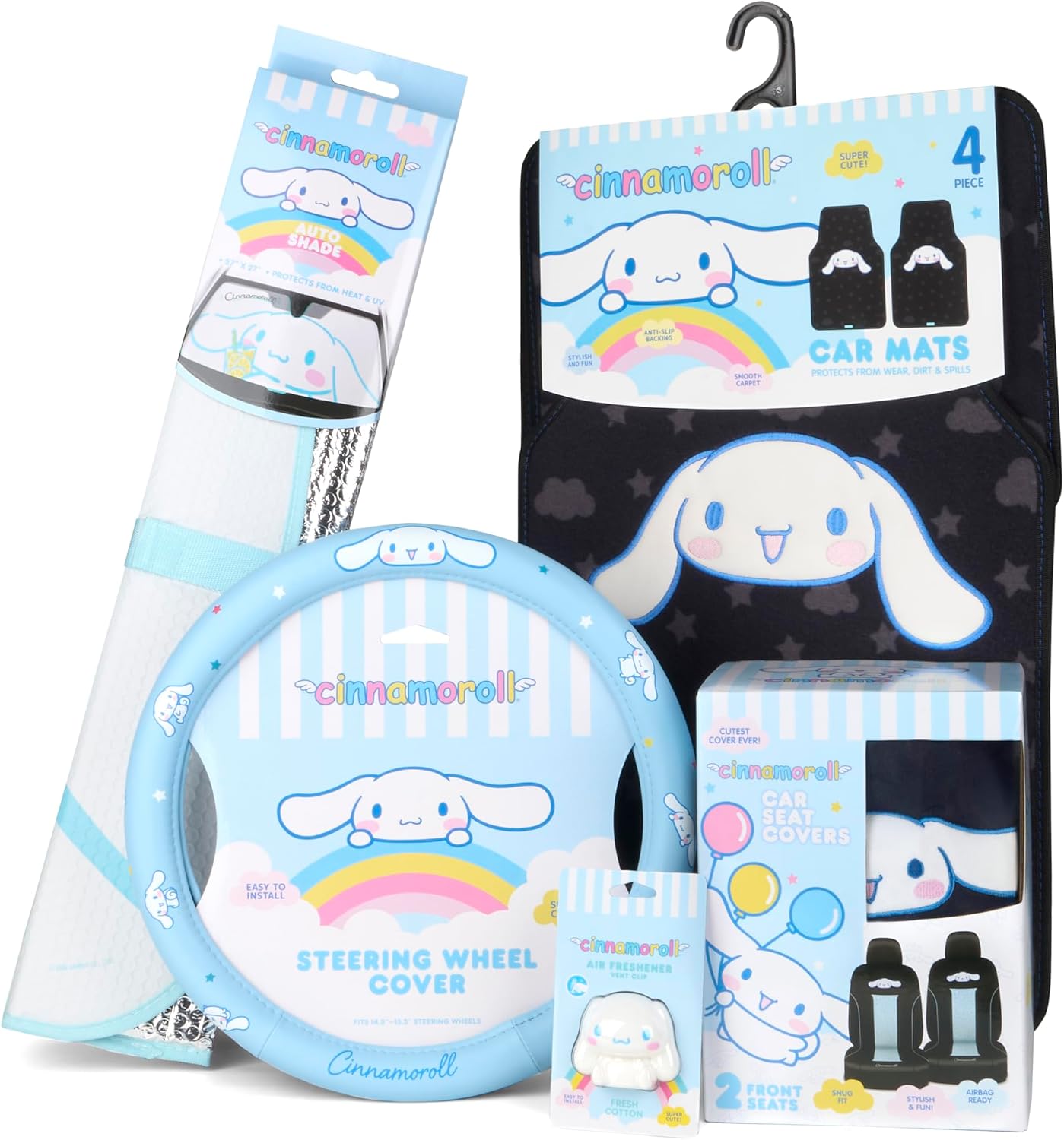 Carbella Cinnamoroll Car Seat Covers, Car Floor Mats, Steering Wheel Cover, Windshield Sun Shade for Car Gift Pack Car Air Freshener Black and Blue Hello Kitty Car Accessories for Women 9pc Combo