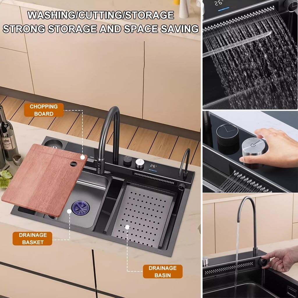 Waterfall Sink with Multi-Functional Pull-Out Faucet Stainless Steel Kitchen Sink Single Bowl Bar Sink with Complete Accessory Set (Black 75x46x22cm)