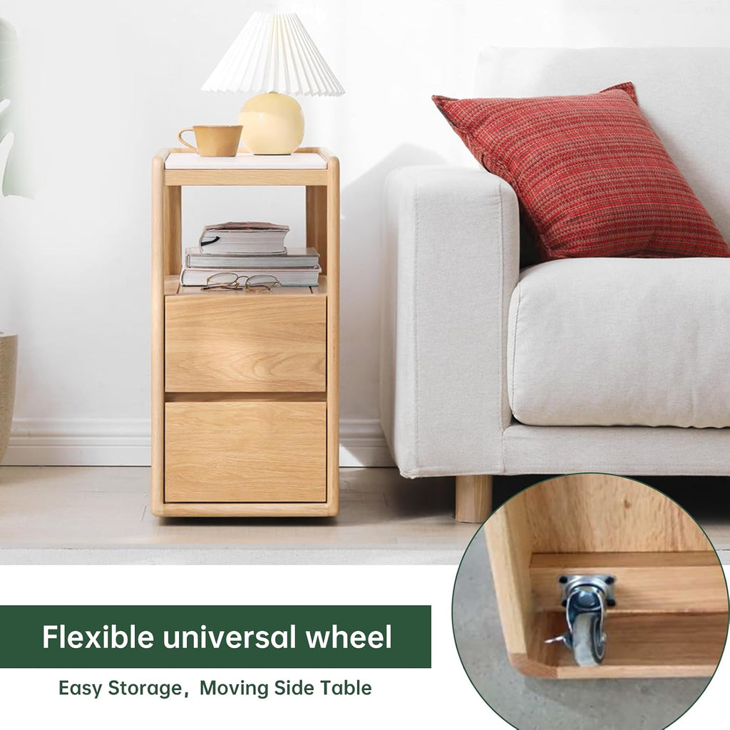 100% Solid Wood Side Table with Storage, Narrow End Table with 2 Drawers, Slim Nightstand and Small Bedside Table with Wheels for Living Room Kitchen Bedroom(Natural, 15.75' D x 26.77' W x 21.65' H)