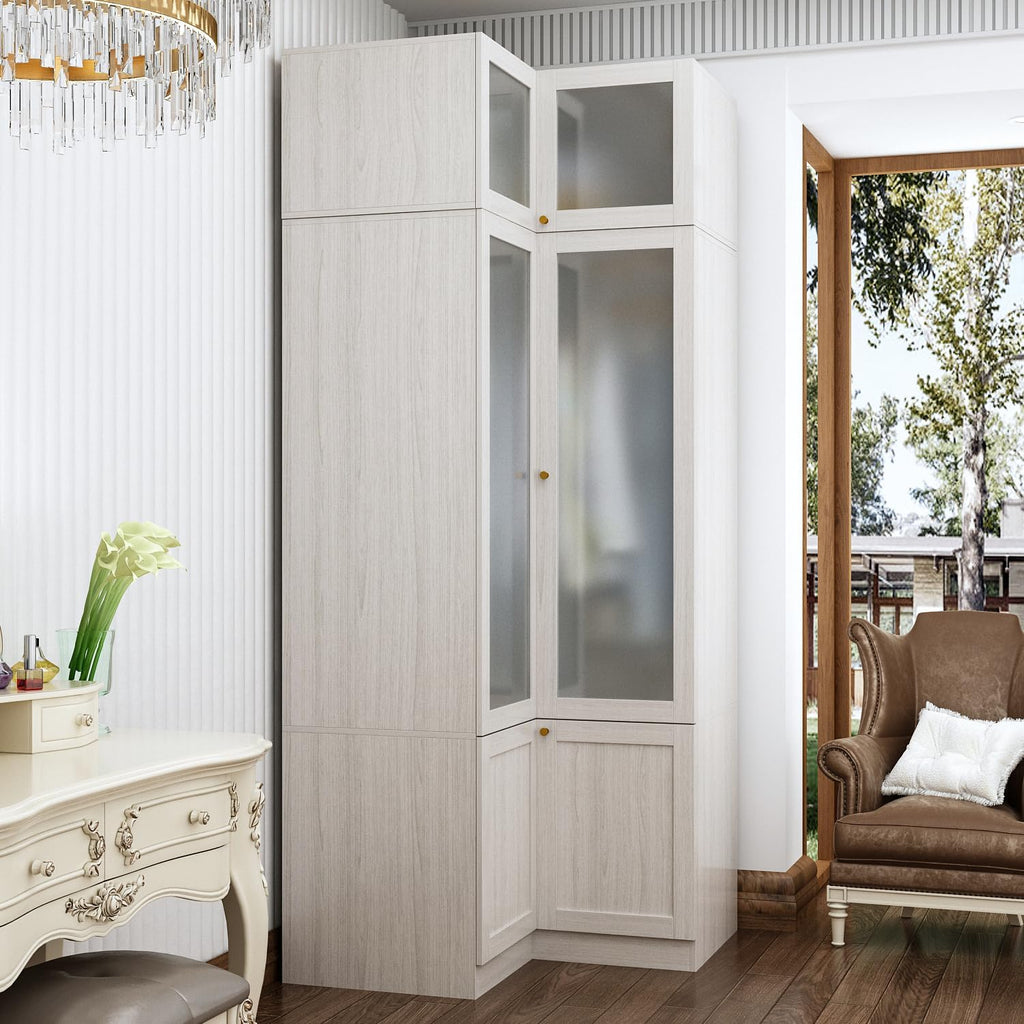 MOUMON Tall Corner Wardrobe, L-Shaped Modern Bedroom Armoires with Frosted Glass Doors and Hanging Rod, Corner Armoire Closet for Clothes Storage, Wood Grain 35.4' W x 35.4' D x 86.6' H