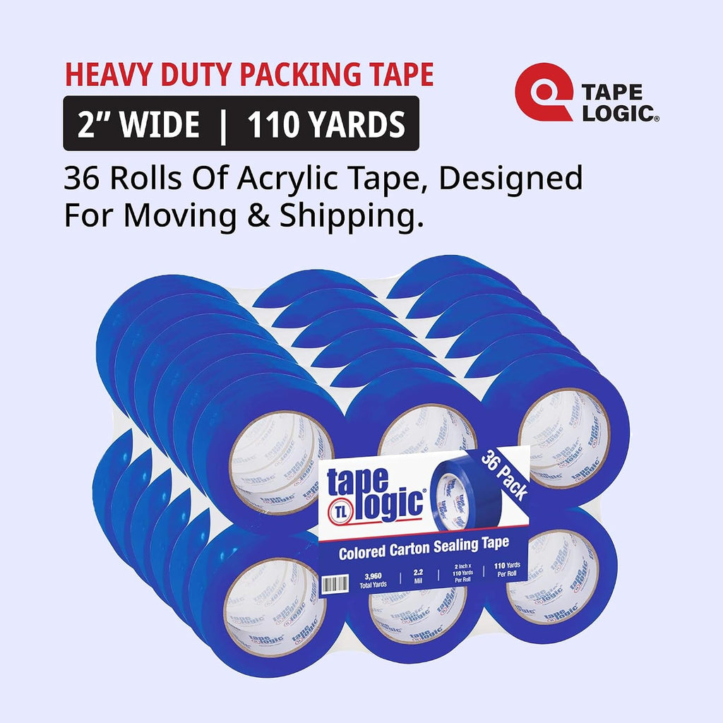 Tape Logic 2' x 110 yds Packing Tape 2.2 Mil, Blue (36-Pack) Heavy Duty Packing Tape Rolls for Sealing Boxes at Home, Warehouse, & Office, Supplies for Packaging, Shipping, Moving