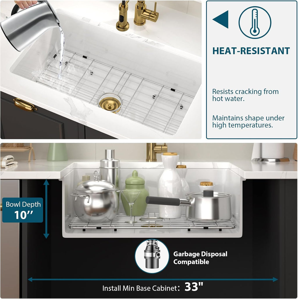 White Undermount Kitchen Sink 30 Inch Porcelain White Kitchen Sink 30'x18'x10' Dual Mount Single Bowl Ceramic Kitchen Sinks - Gold Drain Set