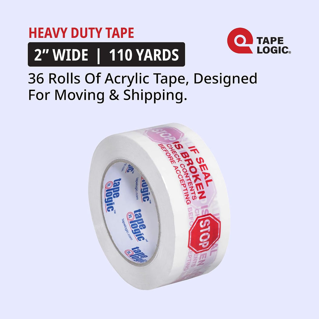 TAPE LOGIC 2' x 110 yds Pre-Printed Packing Tape 2.2 Mil, Red/White (36-Pack) Heavy Duty Packing Tape Rolls for Sealing Boxes at Home, Warehouse, & Office, Supplies for Packaging, Shipping, Moving