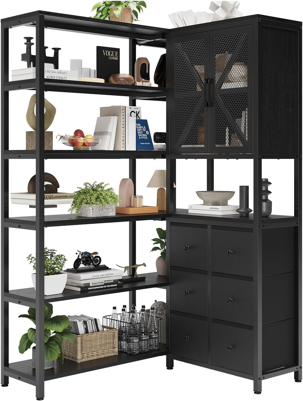 HAUOMS Corner Bookshelf, 6 Tier Industrial Convertible Bookshelf with 6 Fabric Drawers, Corner Bookcase Large L Shaped Storage Display Shelf for Home Office, Living Room, Kitchen, Black