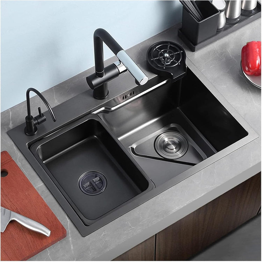 Single Bowl Kitchen Sink 304 Stainless Steel Bar Sink RV Sink with Faucet and Cup Washer Top Mount Or Undermount (Color : Black, Size : 72x46x23cm) (Black 68x46x23cm)