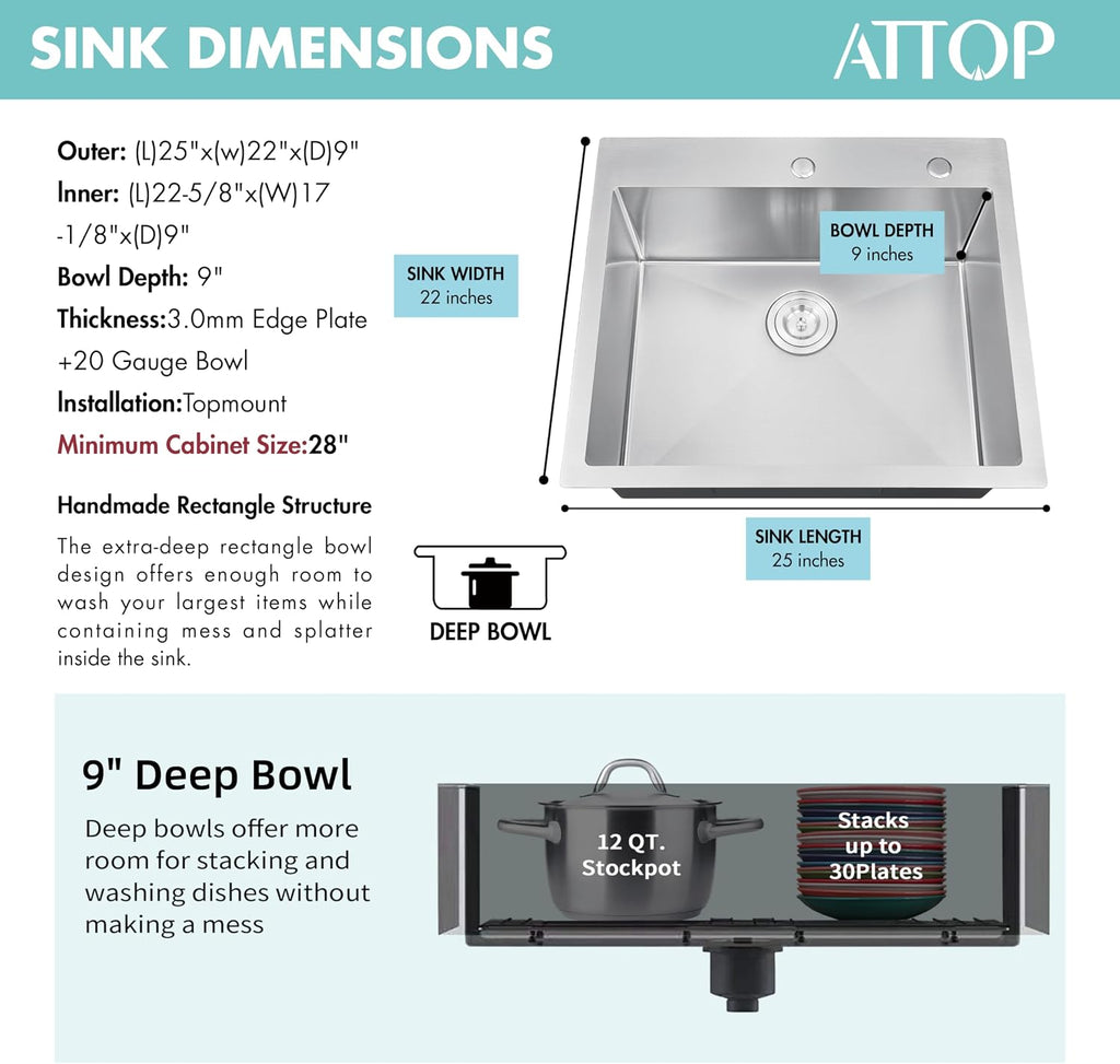 ATTOP 25 Inch Medium Single Bowl Drop in Kitchen Sink,Nano Coating Stainless Steel Handmade Single Bowl Topmount Sink