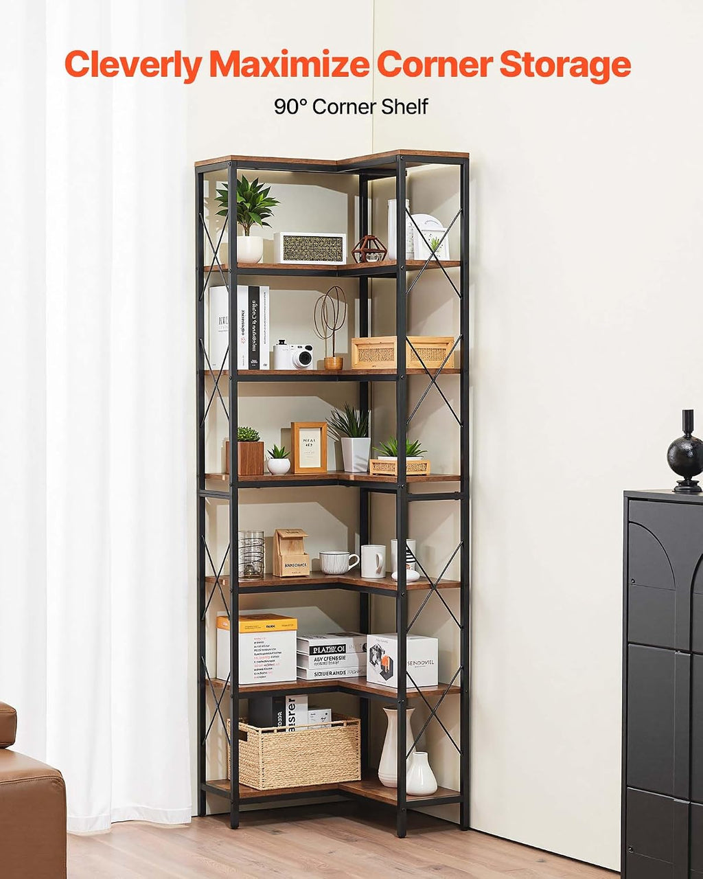 VEVOR 7 Tier Corner Bookshelf, 79' Tall Corner Bookcase with Heavy Duty Metal Frame & Wooden Shelves, Industrial Reversible L Shaped Corner Display Shelf for Bedroom, Living Room, Office