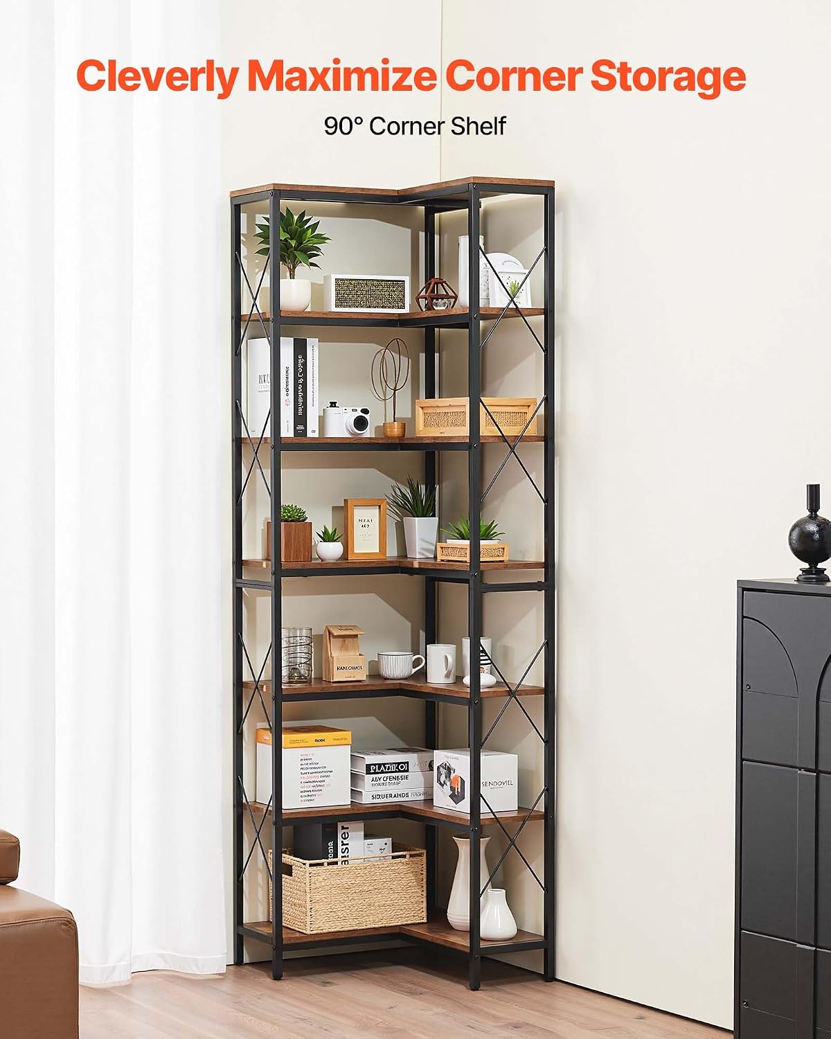 VEVOR 7 Tier Corner Bookshelf, 79' Tall Corner Bookcase with Heavy Duty Metal Frame & Wooden Shelves, Industrial Reversible L Shaped Corner Display Shelf for Bedroom, Living Room, Office