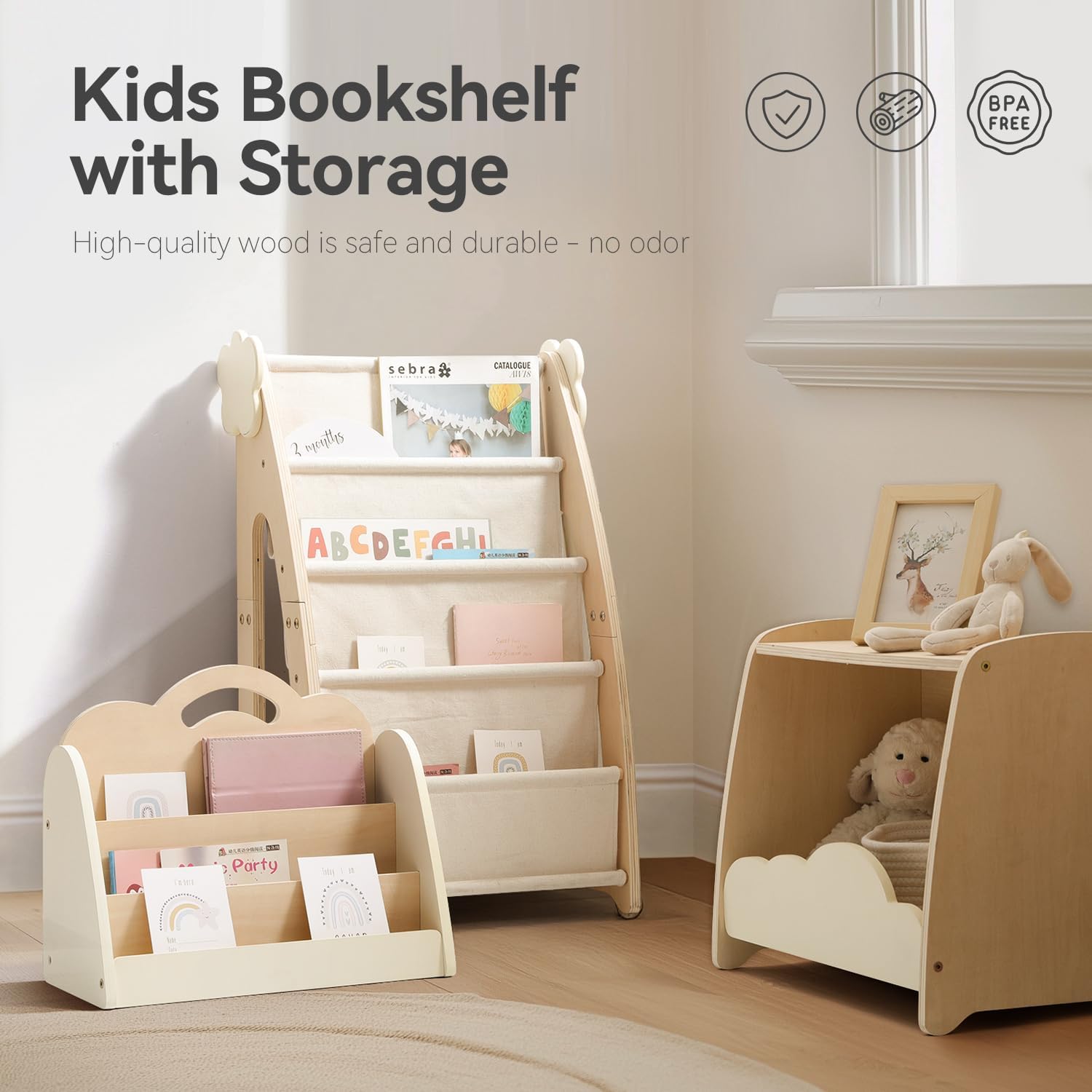 Kids Bookshelf with Storage, 3-Piece Modular Wooden Bookcase Organizer for Nursery, Bedroom, Playroom, Easy Assembly, Corner Shelf for Books & Toys, Natural Wood Design (A)