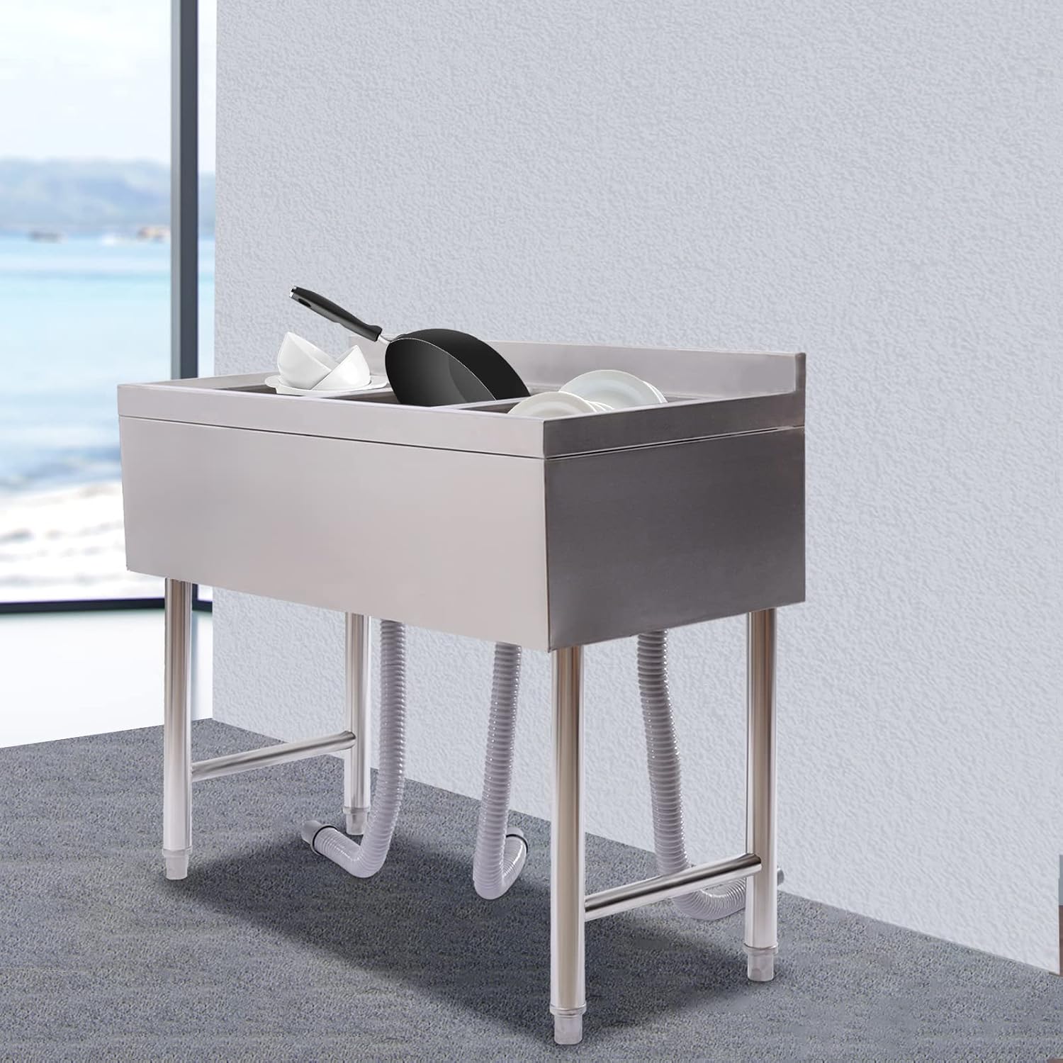 Stainless Steel Utility Sink, Triple Bowl Freestanding Commercial Kitchen Sink, 3 Compartment Washing Hand Basin Utility Sink for Restaurant Garage Laundry, L38.5*W18.8*H33in
