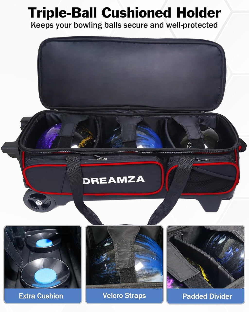 3 Ball Bowling Bags with Wheels & Shoe Pocket, Premium Bowling Ball Bag 3 Ball Roller, Effortless-Rolling 3 Ball Bowling Bag w/Multi-Storage Pockets & Telescopic Handle Extends to 40''