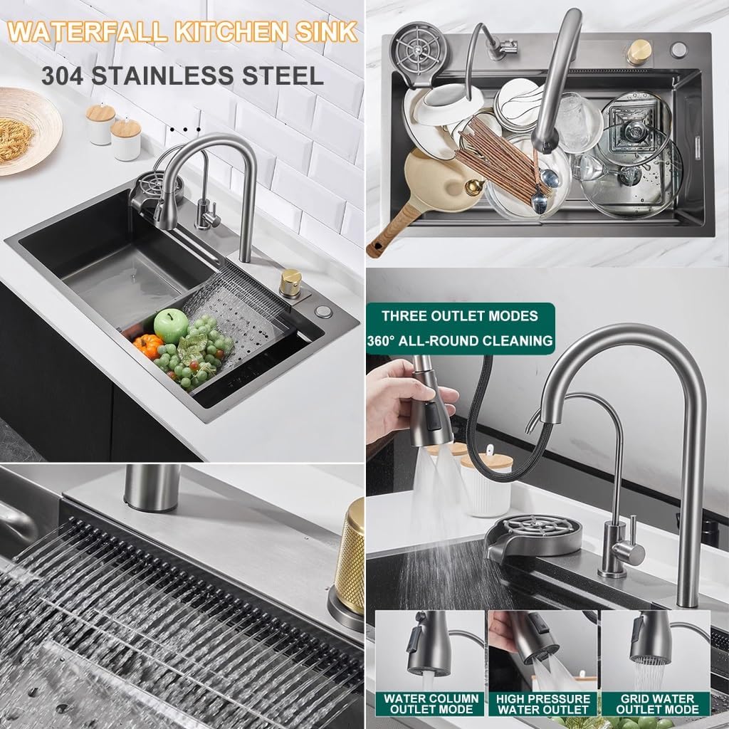 Stainless Steel Waterfall Sink Multifunctional Single Bowl Kitchen Sink Nano-Coated Workstation Sink with Pull-Out Faucet,Knob,Drain Basket,Cup Washer (