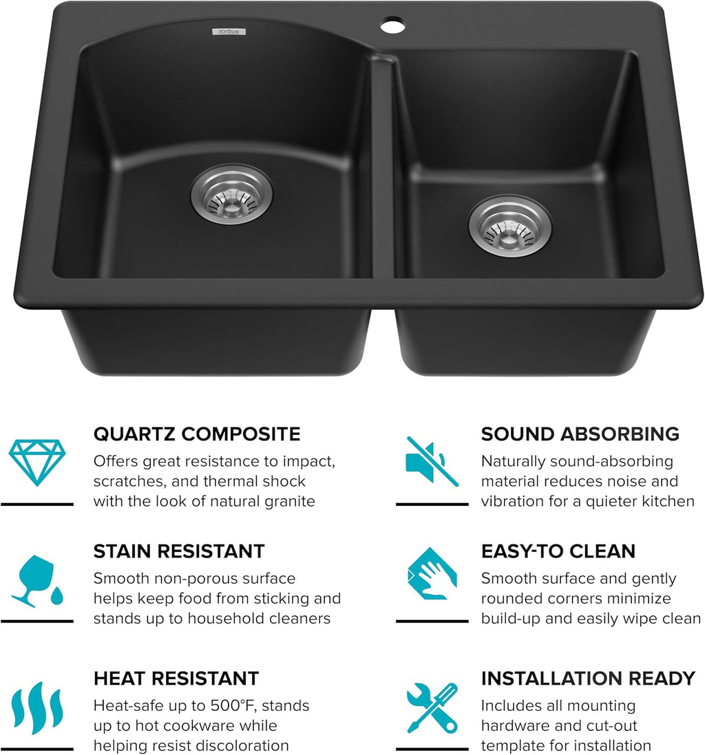 KRAUS Forteza 33-inch Drop In/Undermount 60/40 Double Bowl Granite Kitchen Sink in Black, KGD-50BLACK