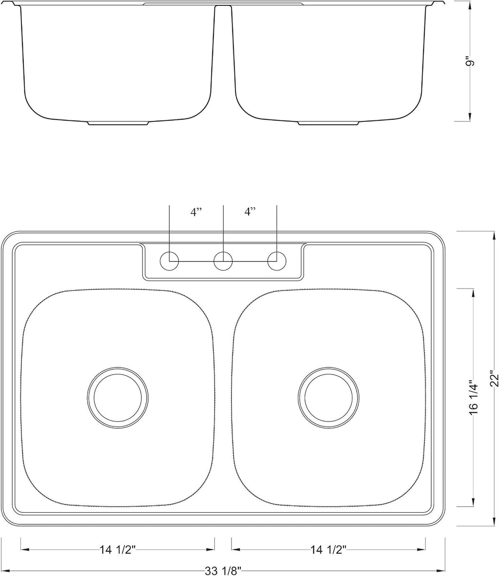 CozyBlock 33 x 22 x 9 Inch 50/50 Top-mount/Drop-in Stainless Steel Double Bowl Kitchen Sink with Strainer - 18 Gauge Stainless Steel-3 Faucet Hole