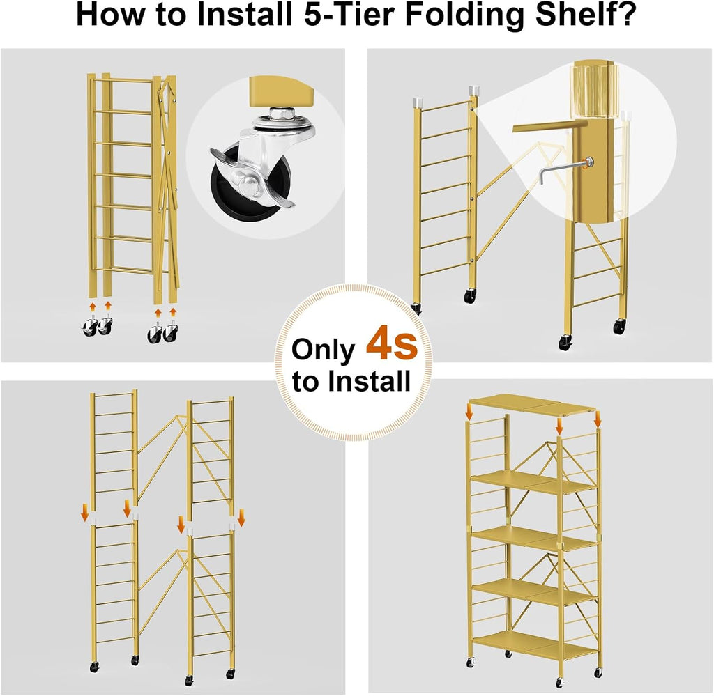 5 Tier Foldable Storage Shelves, Expandable Folding Shelving Units with Wheels, Changeable into 2 Shelf Units, Collapsible Adjustable Storage Rack Metal Shelves for Storage, Pantry, Garage, Gold