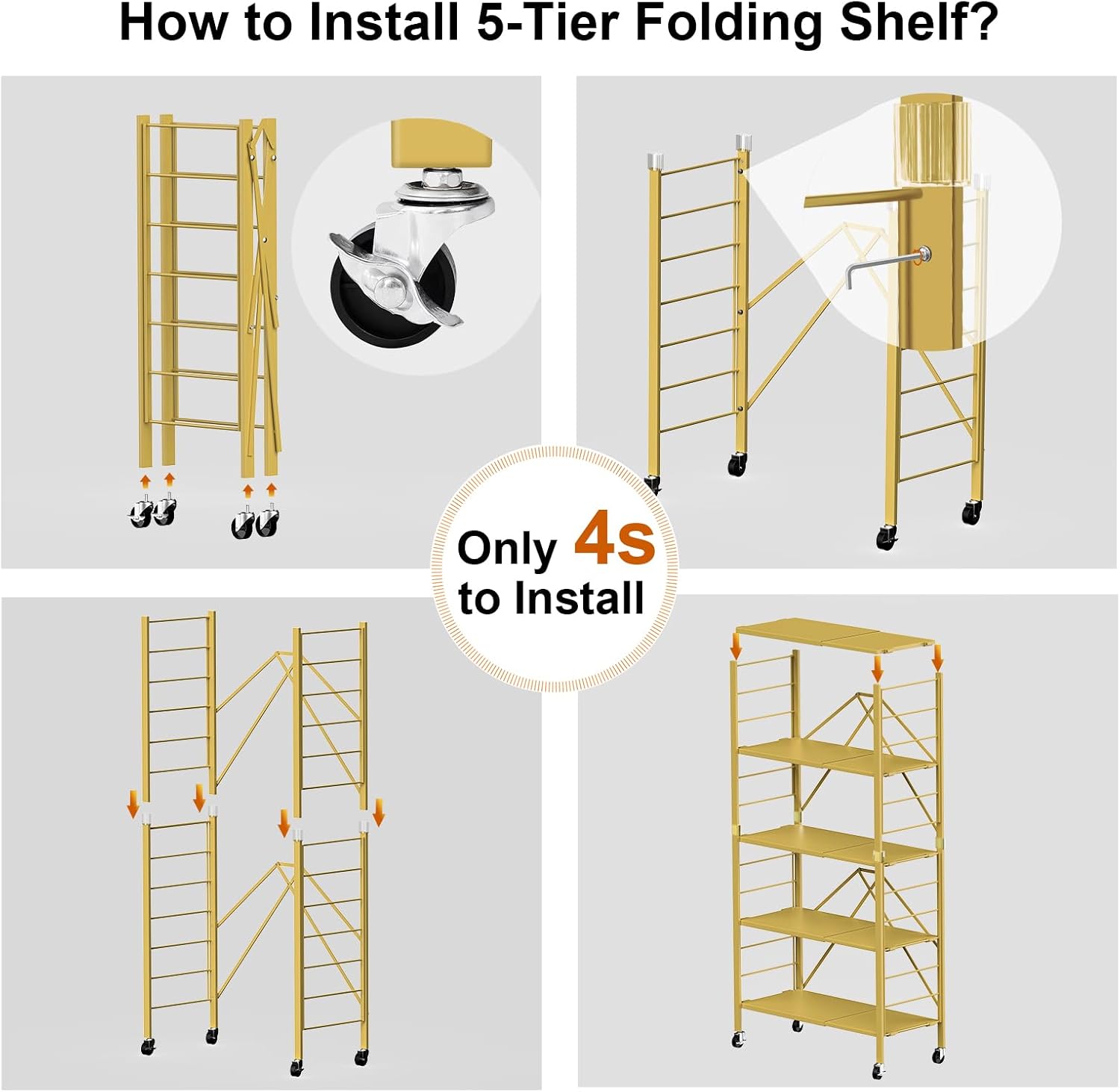 5 Tier Foldable Storage Shelves, Expandable Folding Shelving Units with Wheels, Changeable into 2 Shelf Units, Collapsible Adjustable Storage Rack Metal Shelves for Storage, Pantry, Garage, Gold