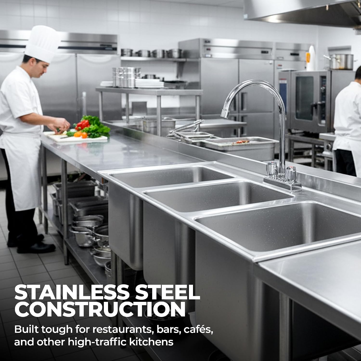 Commercial 3 Compartment Stainless Steel Drop-In Sink – 36' x 18' with Faucet | NSF 3-Bay Utility Sink for Restaurant, Bar & Kitchen Use