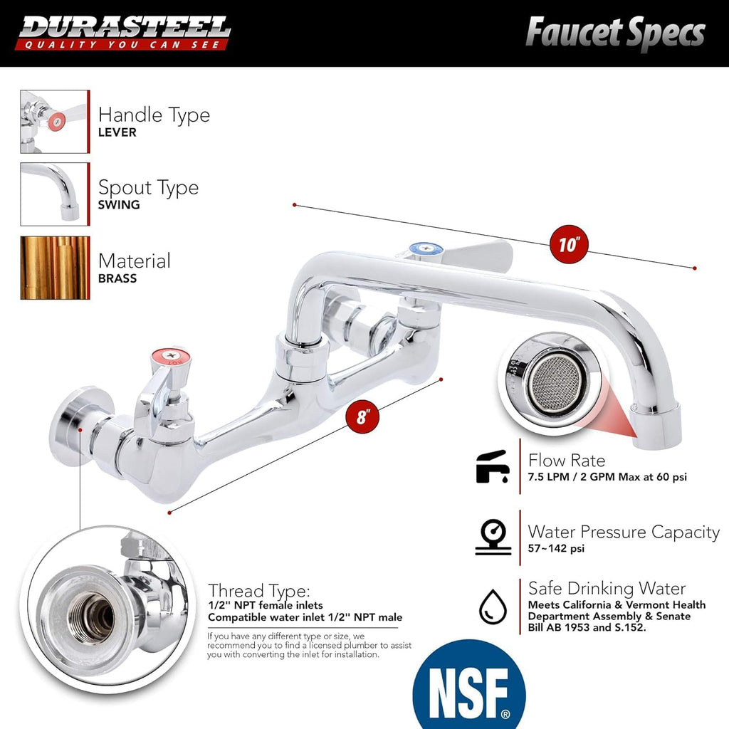 DuraSteel 3 Compartment Sink with Faucet - NSF Stainless Steel 10' x 14' x 10' 3 Bay Sinks Commercial Sink with Double Drainboard - Three Industrial Kitchen Concession Sinks Restaurant, Food Truck