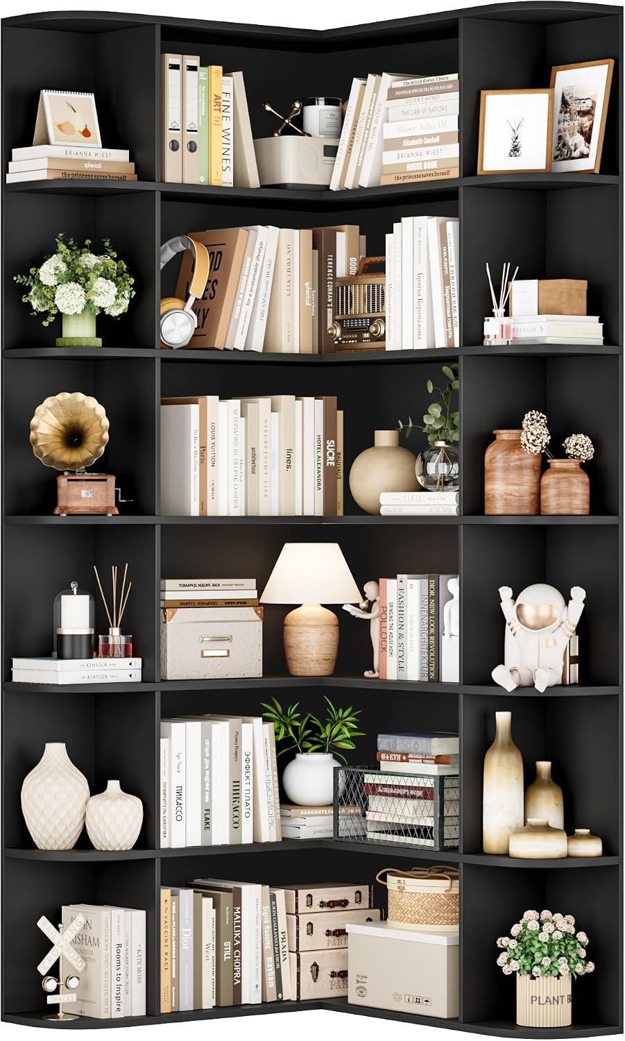 FOTOSOK 72' Tall Corner Bookshelf, 6-Tier Bookshelf and Bookcase with Open Storage, L Shaped Tall Bookcases Wooden Storage Shelves for Home Office, Thickened Boards for Better Load Bearing, Black
