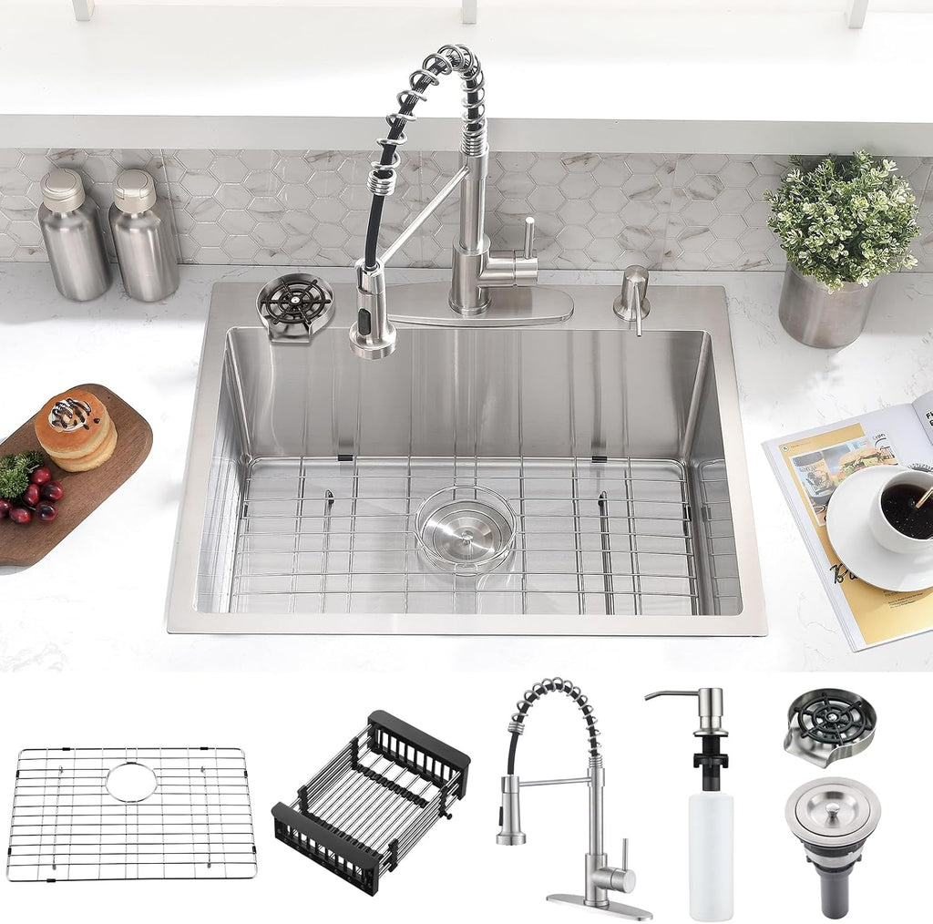 25 Inch Drop In Kitchen Sink with Faucet Combo - Stainless Steel Drop In Sink with Cup Washer, 9 Inch Deep Single Bowl Kitchen Sinks and Faucets Combo Set,Top Mount Design for Modern Kitchens