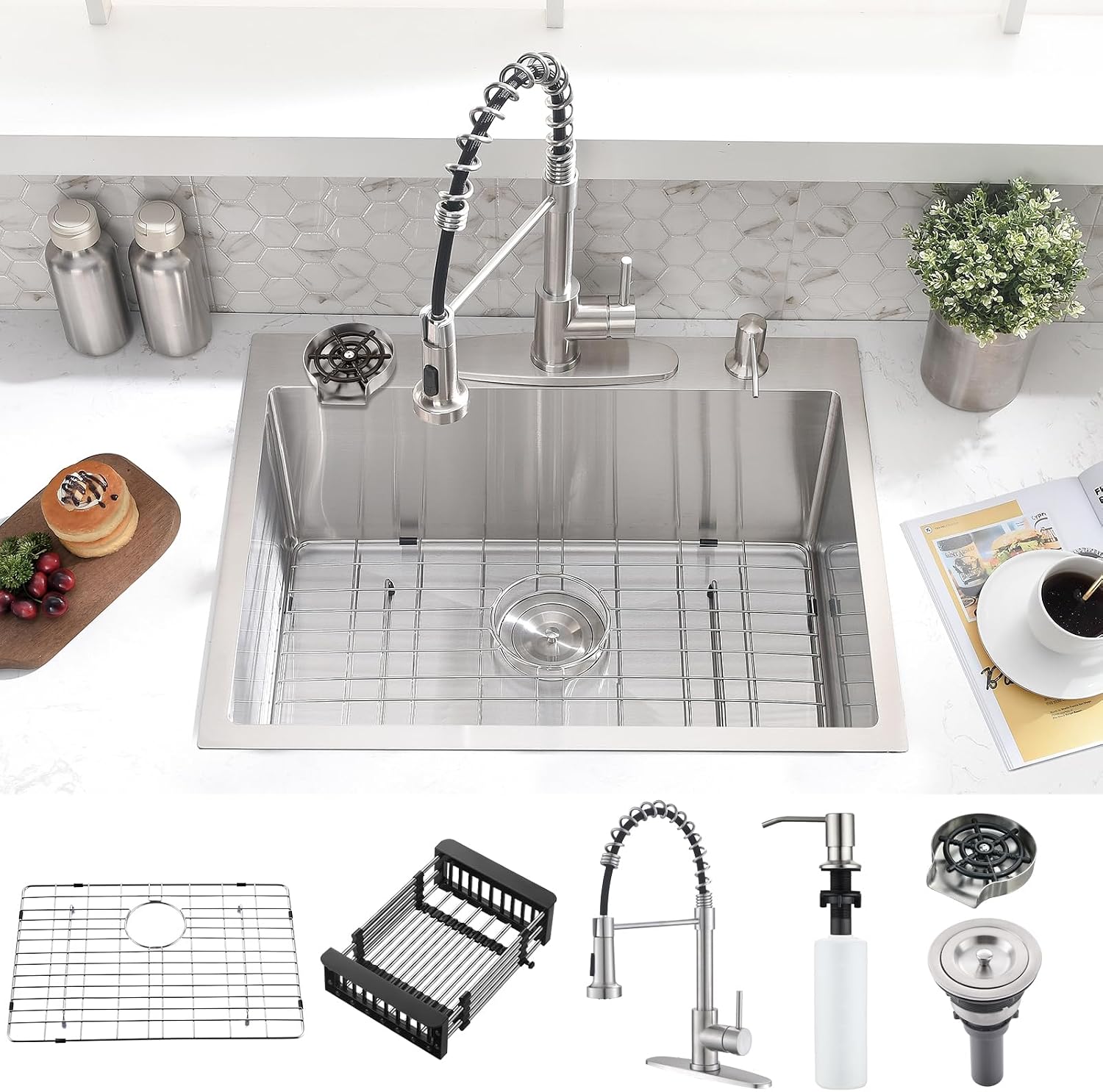 25 Inch Drop In Kitchen Sink with Faucet Combo - Stainless Steel Drop In Sink with Cup Washer, 9 Inch Deep Single Bowl Kitchen Sinks and Faucets Combo Set,Top Mount Design for Modern Kitchens